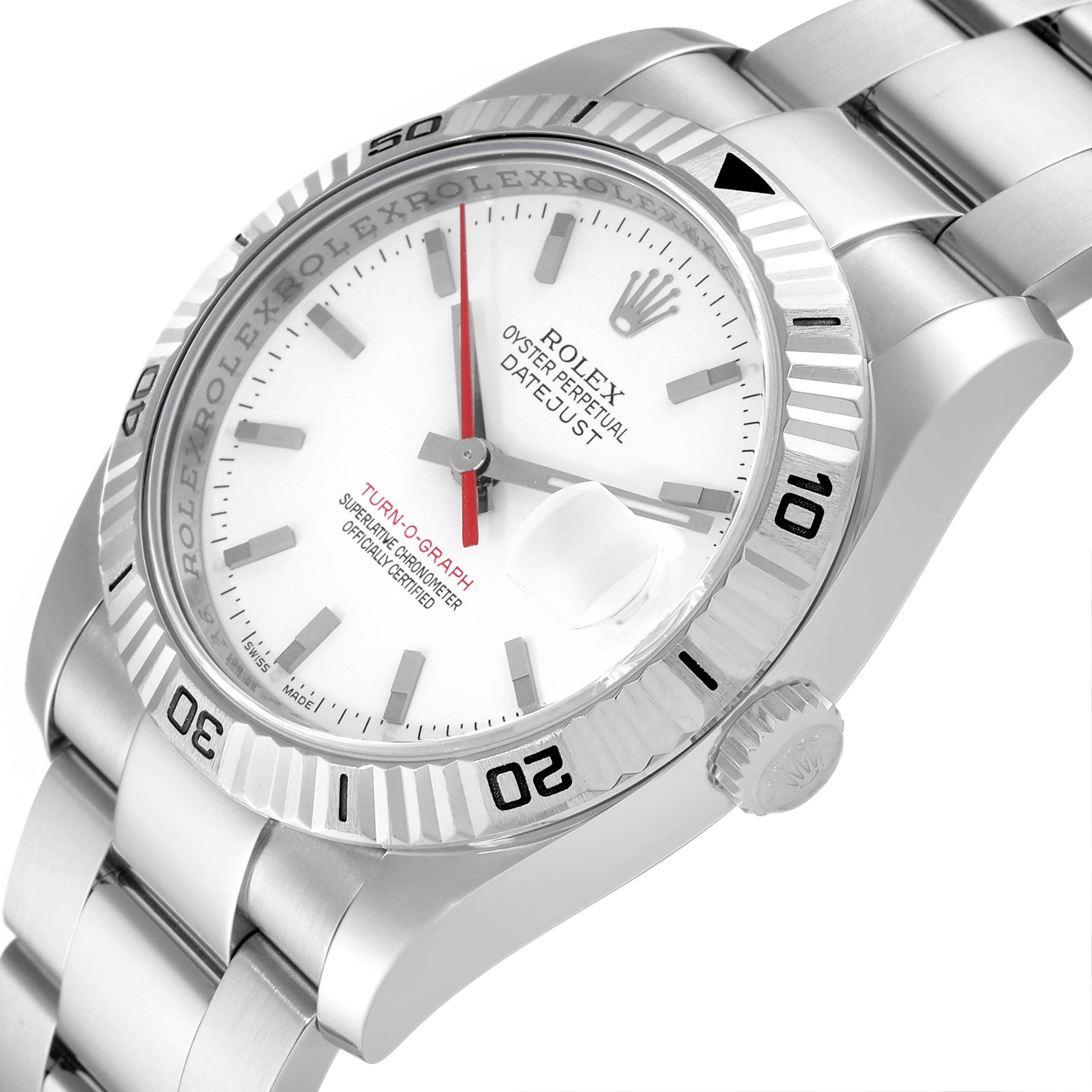 This image shows a close-up of the Rolex Turn-o-Graph 116264 Men's Stainless Steel White Dial 116264 Men's Stainless Steel White Dial watch face and part of its metal band at a slight angle.