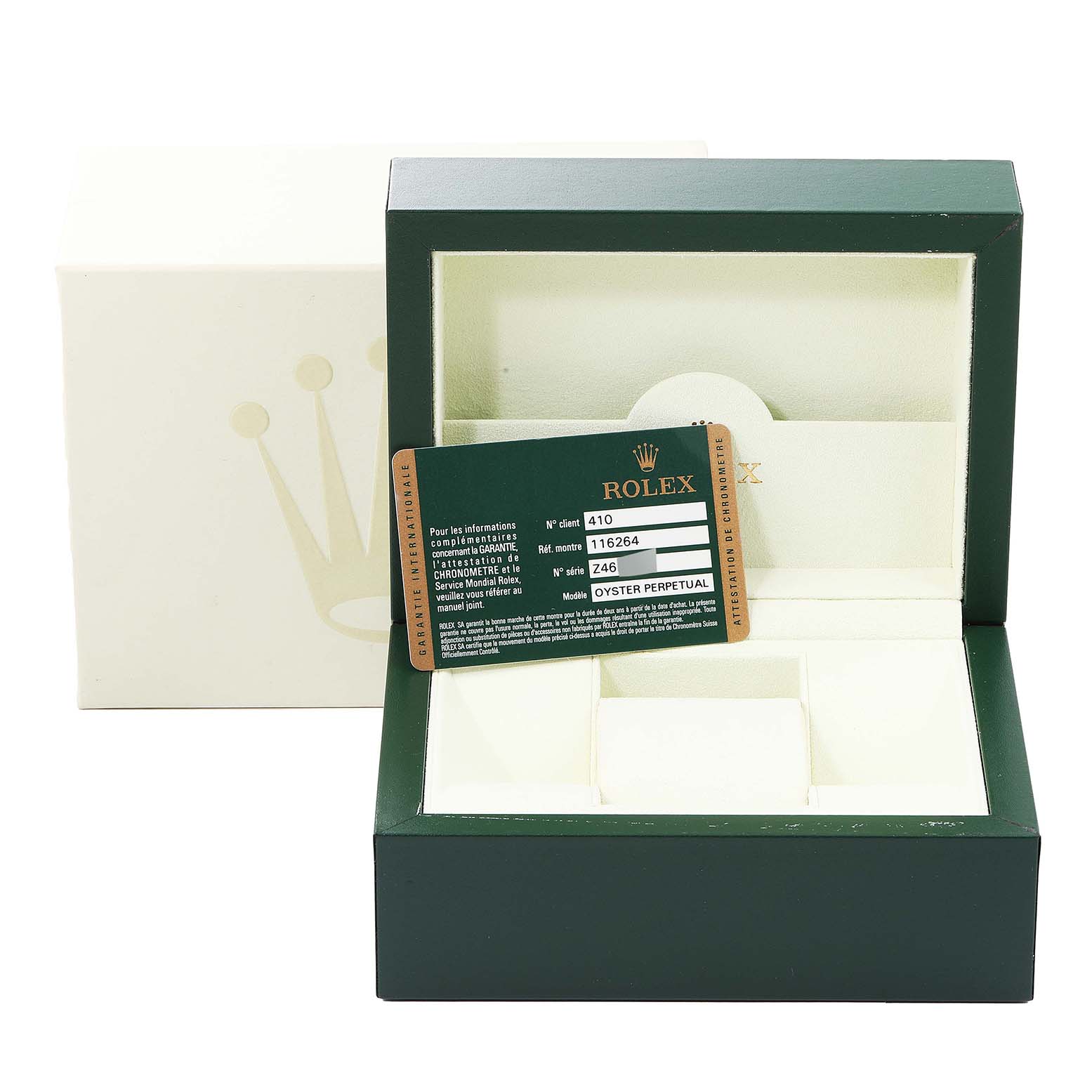 The image shows an open Rolex Turn-o-Graph 116264 Men's Stainless Steel White Dial 116264 Men's Stainless Steel White Dial watch box with an authenticity card displayed inside.