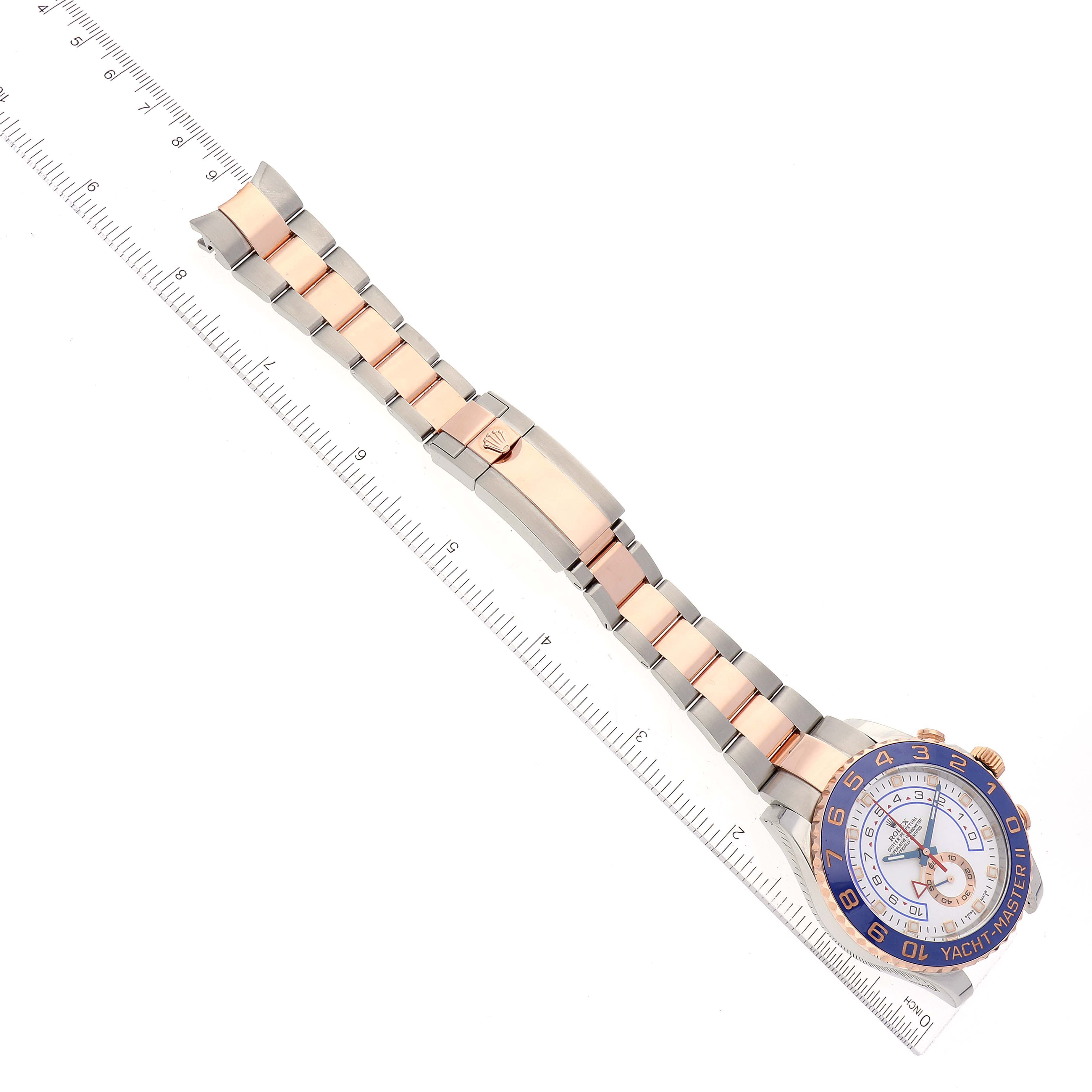 The image shows the full Rolex Yacht-Master 116681 Men's Steel and Gold (two tone) White Dial 116681 Men's Steel and Gold (two tone) White Dial watch from an overhead angle, including the bezel, dial, bracelet, and Rolex clasp.