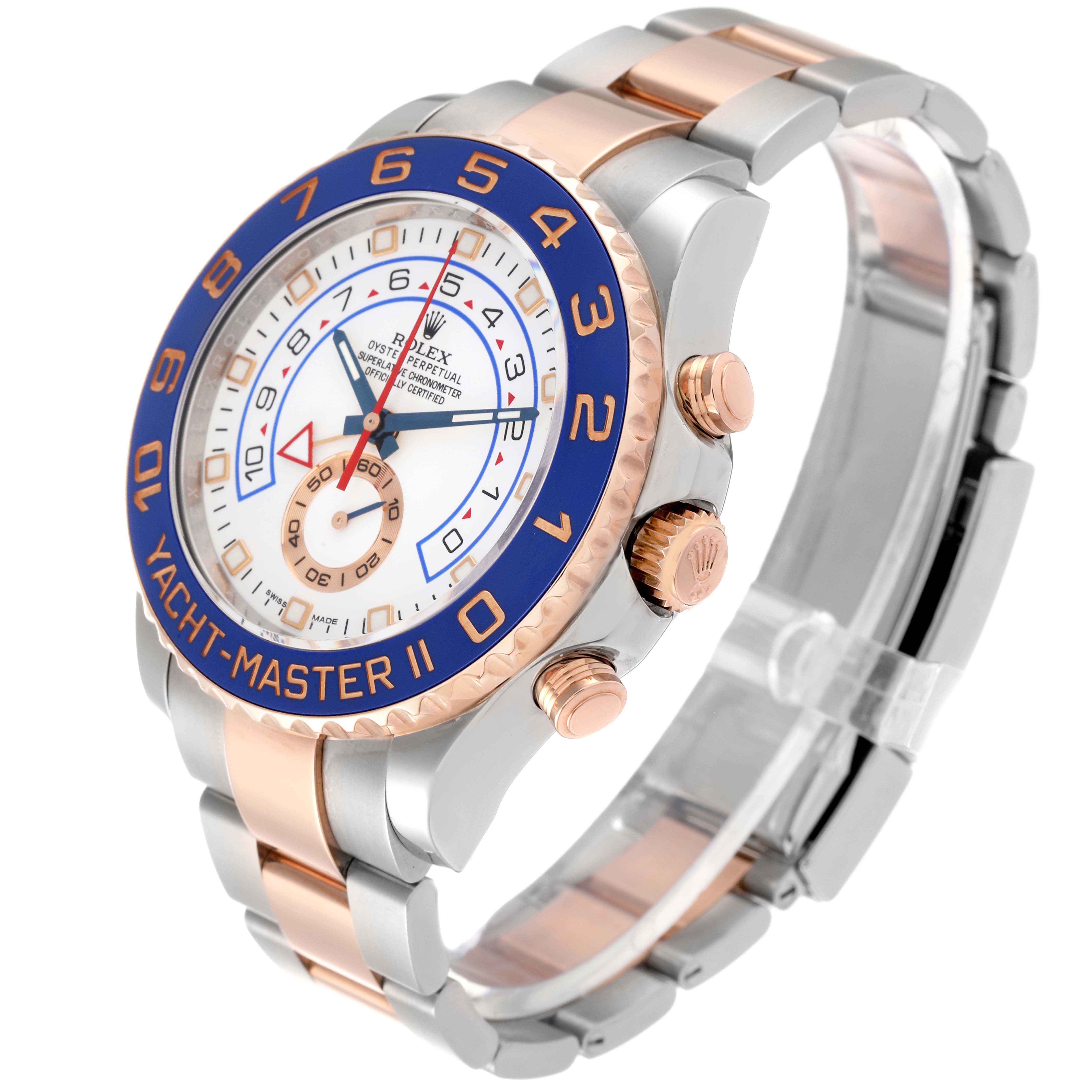 The Rolex Yacht-Master 116681 Men's Steel and Gold (two tone) White Dial 116681 Men's Steel and Gold (two tone) White Dial watch is shown at a three-quarter angle, highlighting its dial, bezel, case, and bracelet.