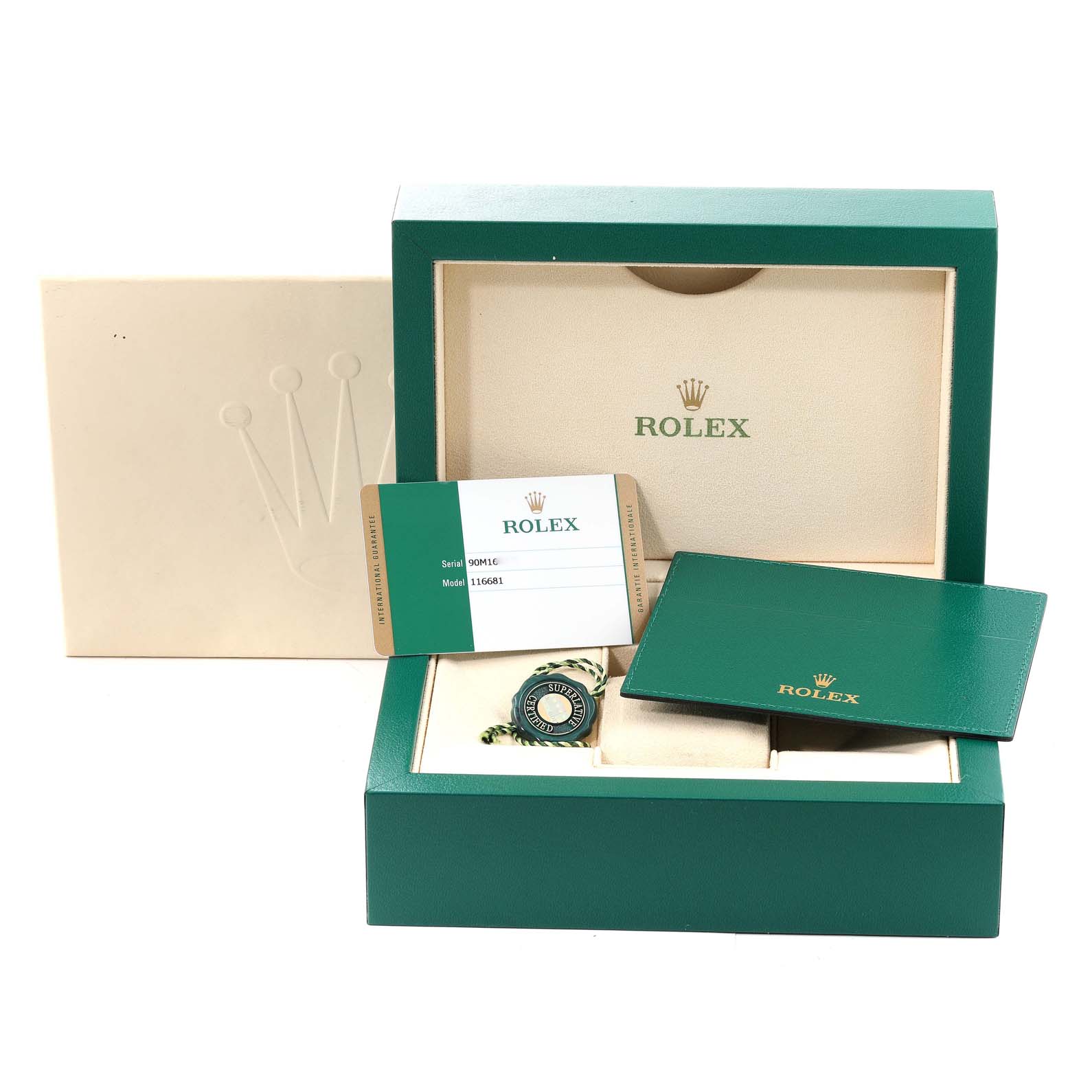 This image shows the packaging and accessories, including warranty cards, for the Rolex Yacht-Master 116681 Men's Steel and Gold (two tone) White Dial 116681 Men's Steel and Gold (two tone) White Dial.