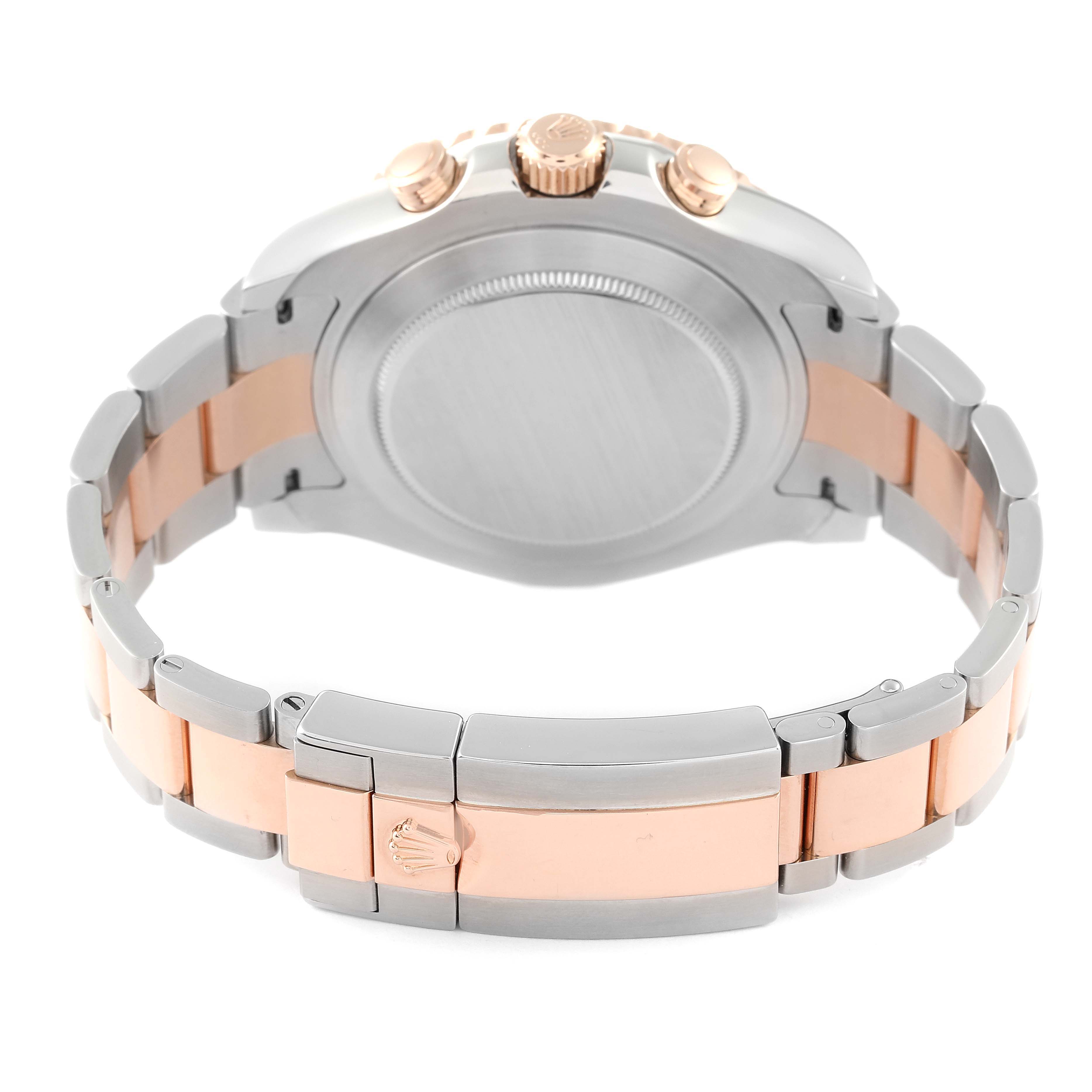 The image shows the back view of a Rolex Yacht-Master 116681 Men's Steel and Gold (two tone) White Dial 116681 Men's Steel and Gold (two tone) White Dial watch, focusing on the case, crown, and two-tone bracelet.