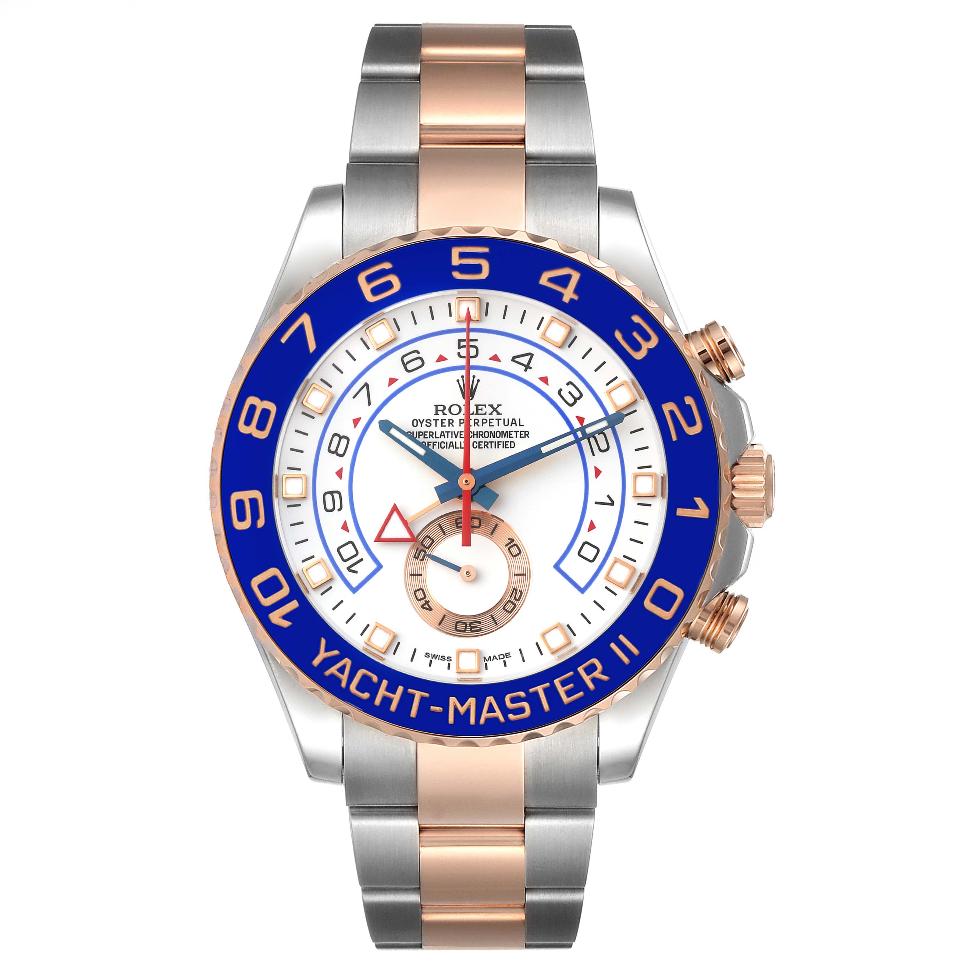 Top view of a Rolex Yacht-Master 116681 Men's Steel and Gold (two tone) White Dial 116681 Men's Steel and Gold (two tone) White Dial II watch, showcasing the dial, bezel, and part of the bracelet.