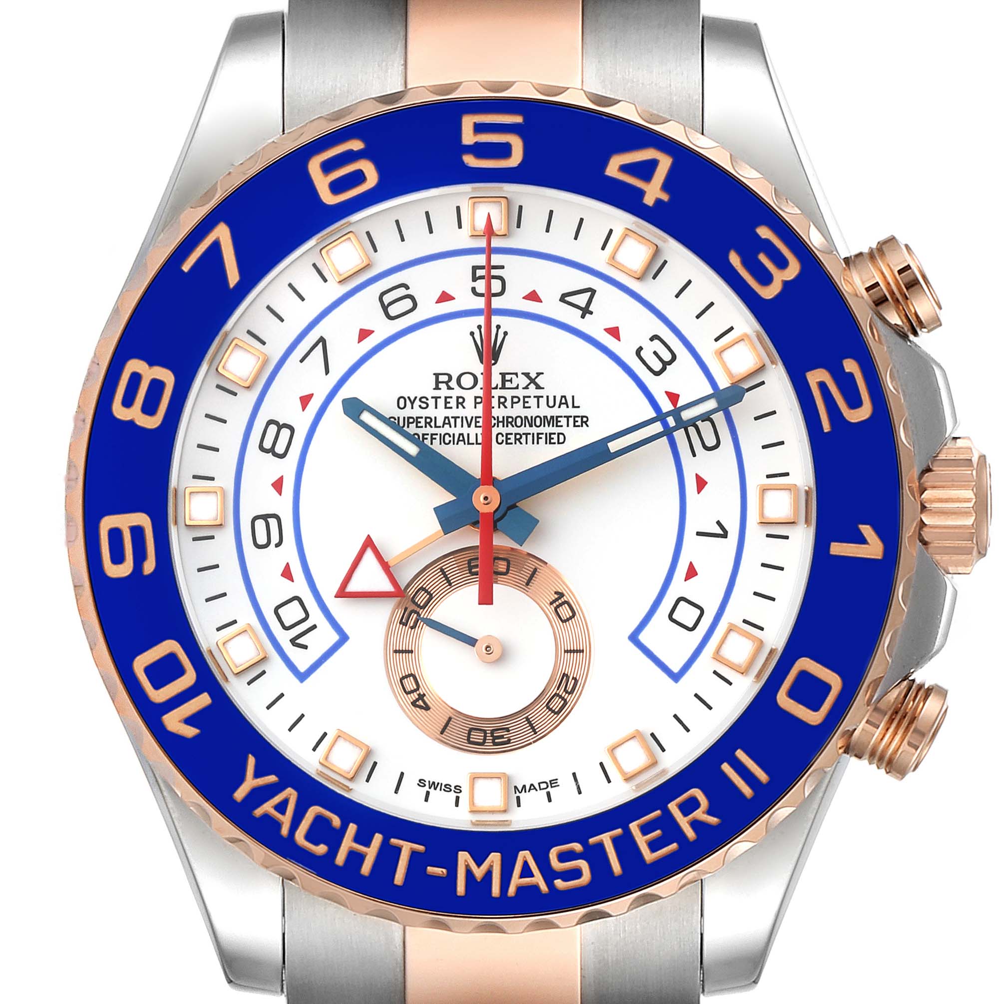 The image shows a frontal view of a Rolex Yacht-Master 116681 Men's Steel and Gold (two tone) White Dial 116681 Men's Steel and Gold (two tone) White Dial II watch, highlighting its blue bezel, white dial, and rose gold accents.
