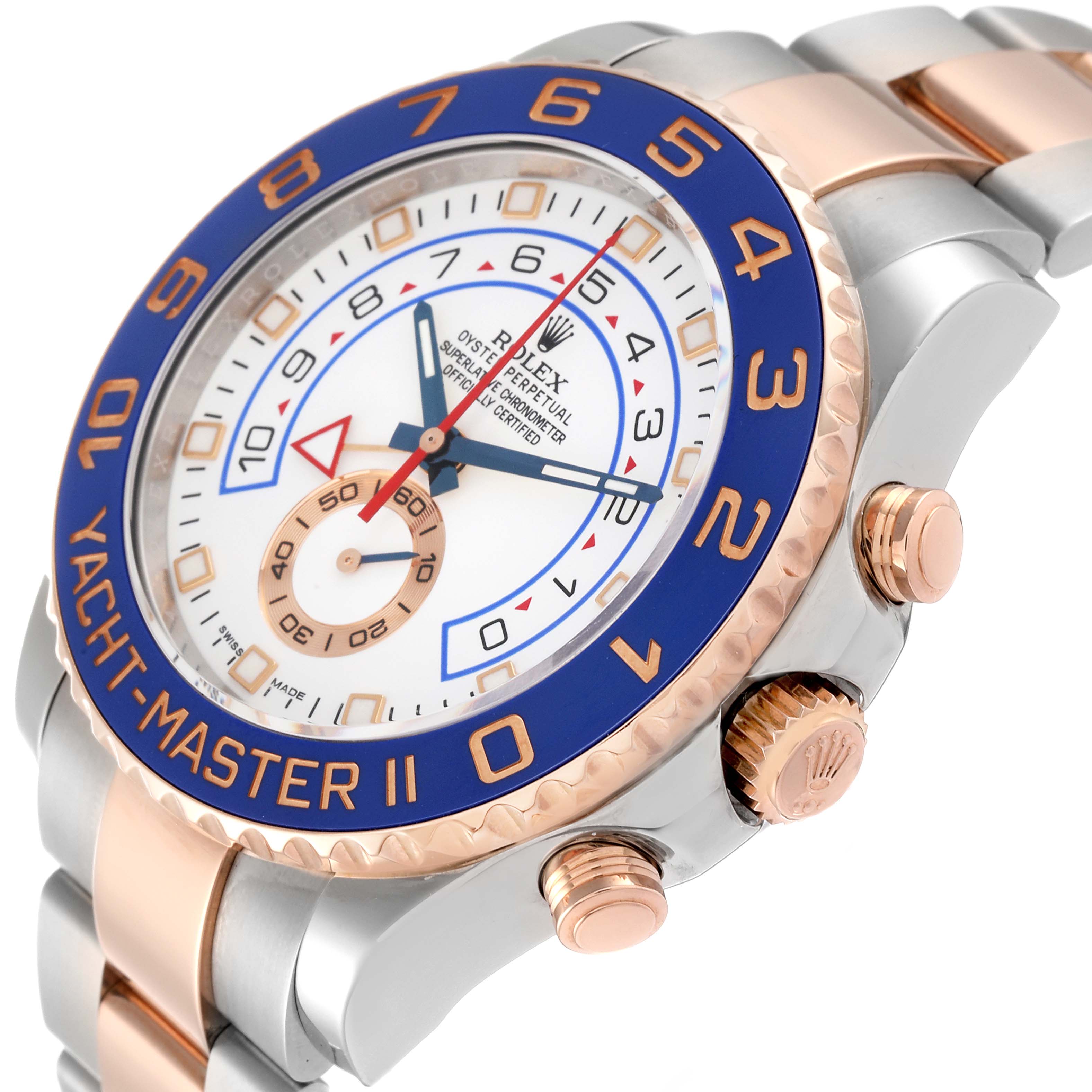 The image shows a close-up angle of the Rolex Yacht-Master 116681 Men's Steel and Gold (two tone) White Dial 116681 Men's Steel and Gold (two tone) White Dial II watch featuring its face, bezel, and side buttons.