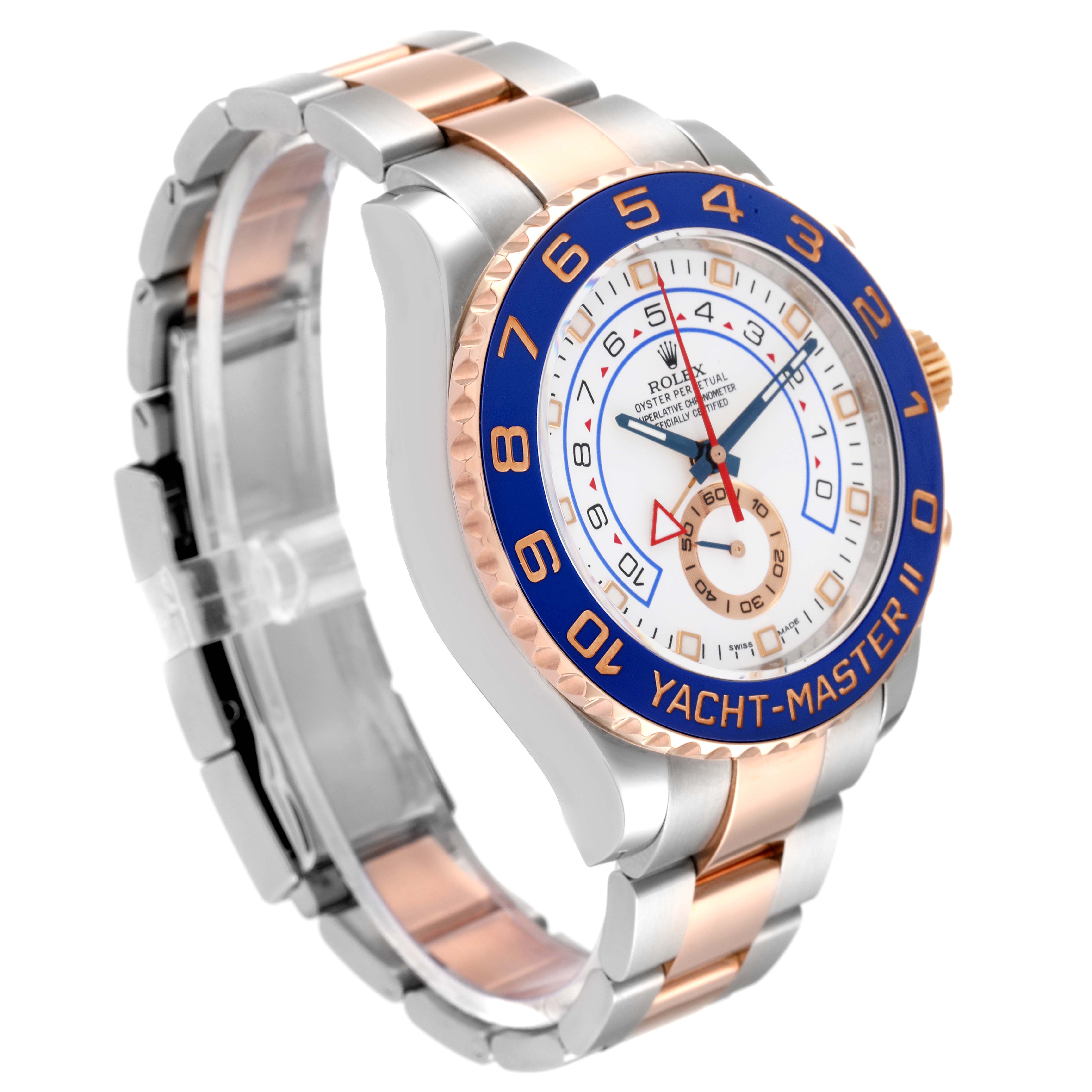 The Rolex Yacht-Master 116681 Men's Steel and Gold (two tone) White Dial 116681 Men's Steel and Gold (two tone) White Dial watch is shown at a three-quarter angle, highlighting its dial, bezel, and bracelet.