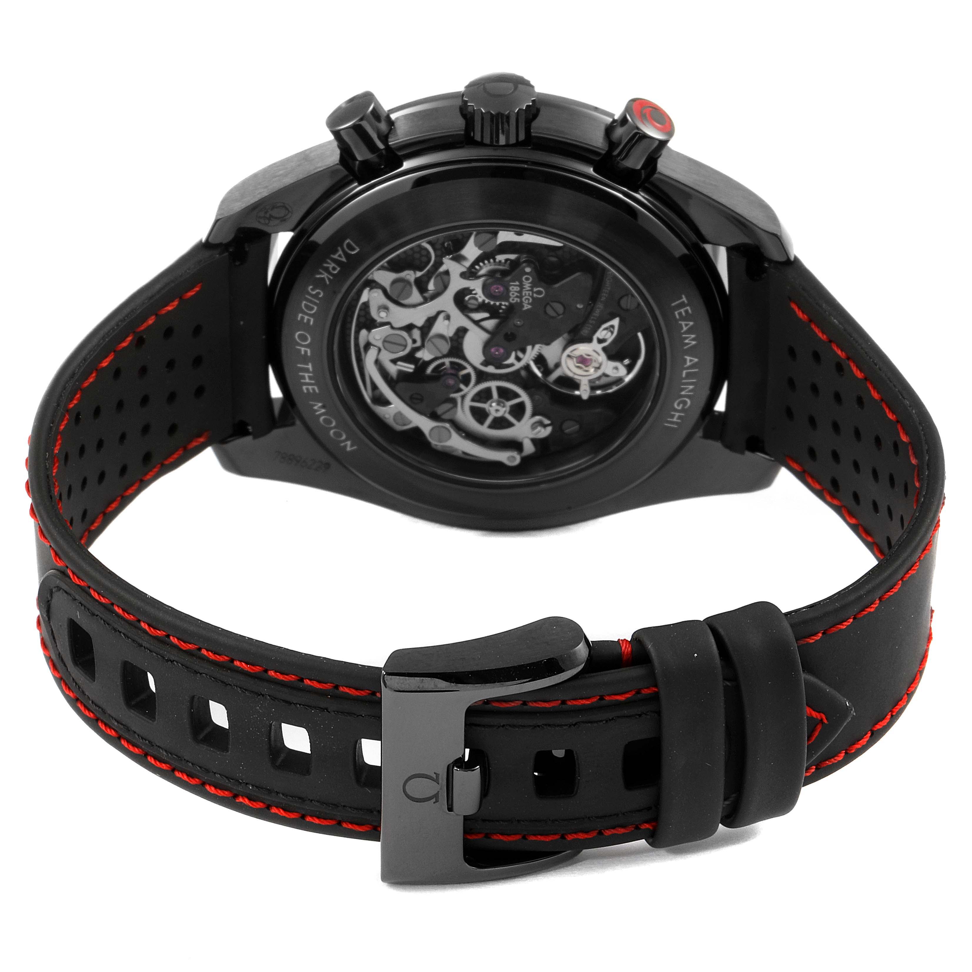 The image shows the back view of the Omega Speedmaster 311.92.44.30.01.002 Men's Ceramic Black Dial 311.92.44.30.01.002 Men's Ceramic Black Dial watch, displaying its internal mechanics and the strap's buckle.