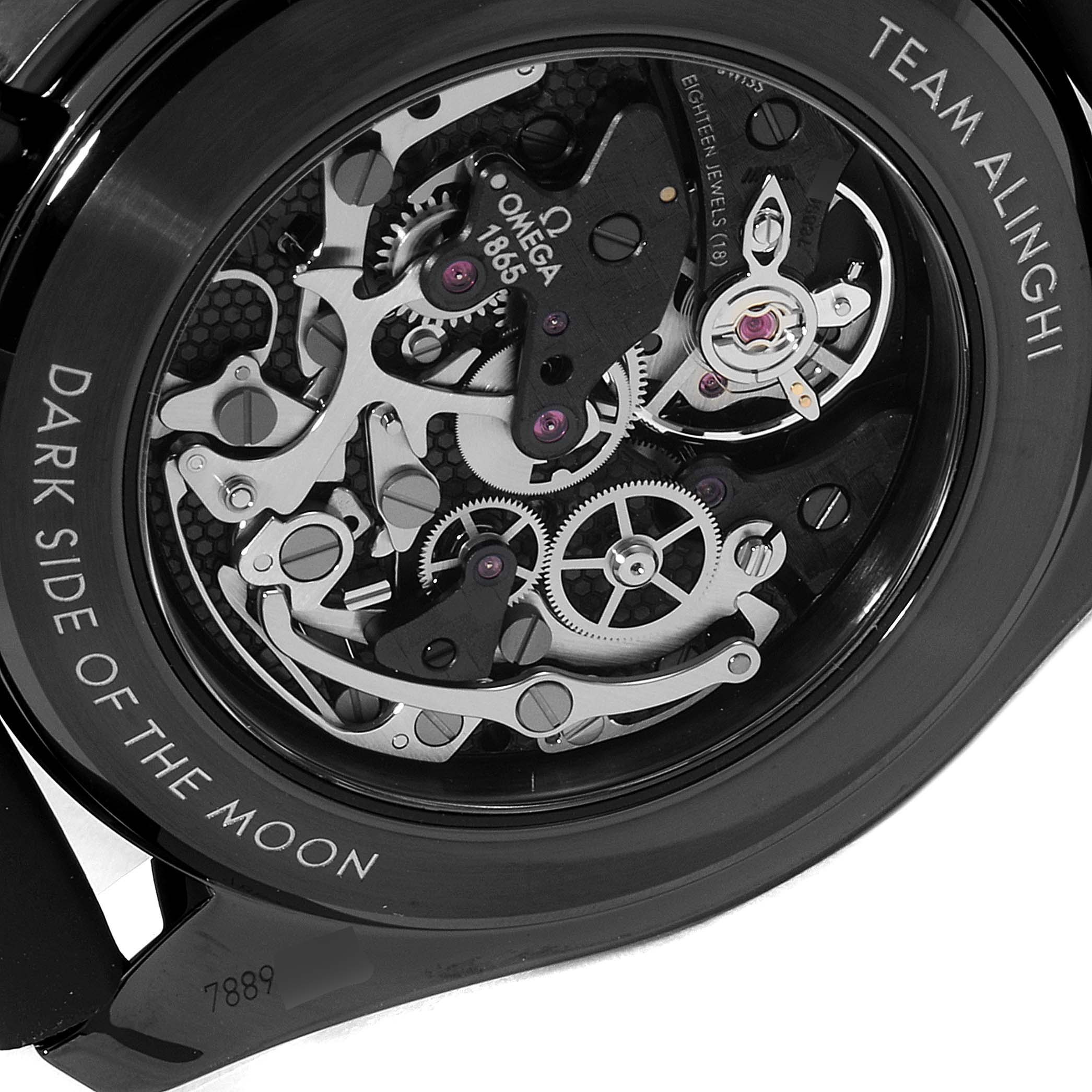 The image shows the back view of an Omega Speedmaster 311.92.44.30.01.002 Men's Ceramic Black Dial 311.92.44.30.01.002 Men's Ceramic Black Dial, revealing its intricate mechanical movement and detailing.