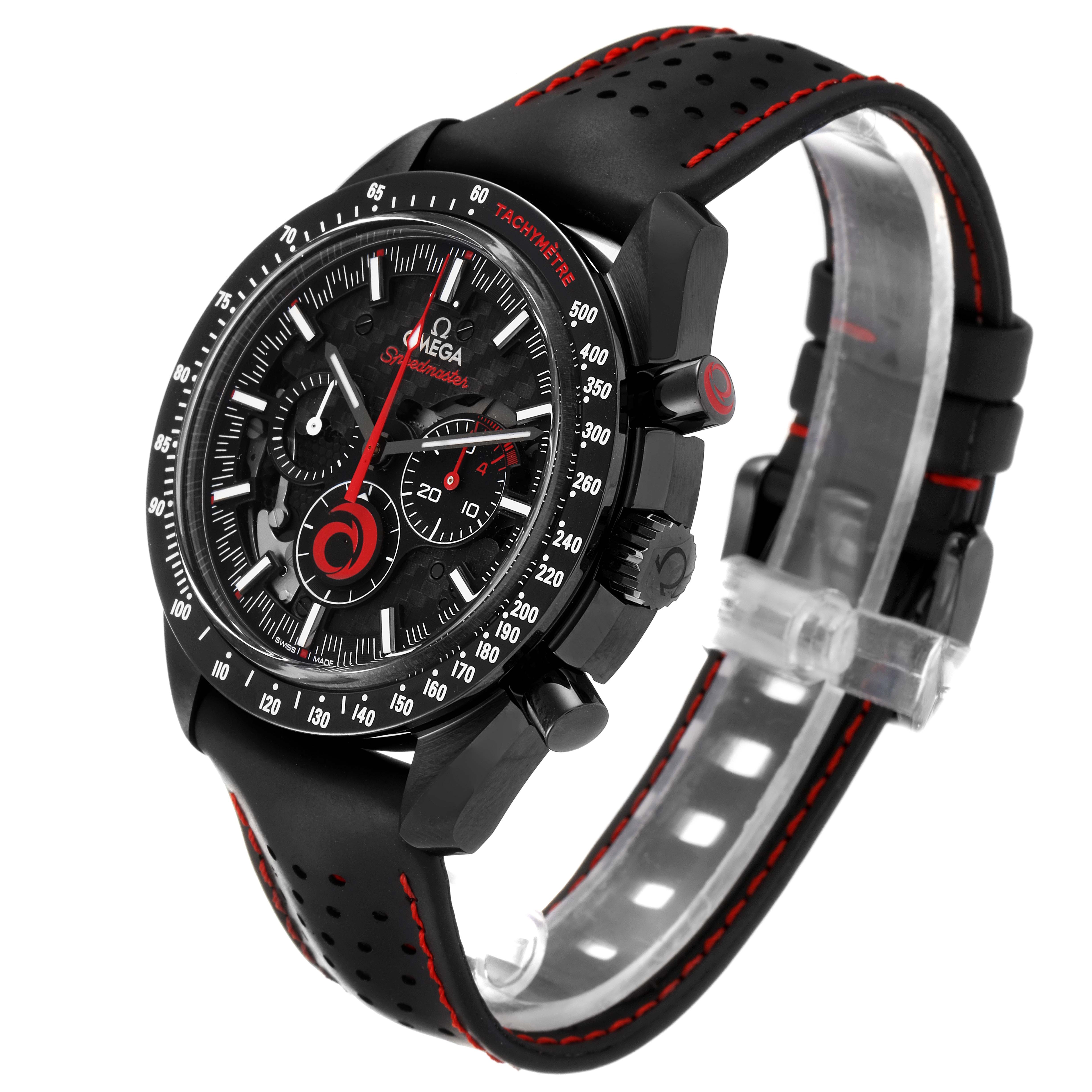 This image shows an Omega Speedmaster 311.92.44.30.01.002 Men's Ceramic Black Dial 311.92.44.30.01.002 Men's Ceramic Black Dial watch at a three-quarter angle, highlighting its black dial, tachymeter bezel, and perforated strap.