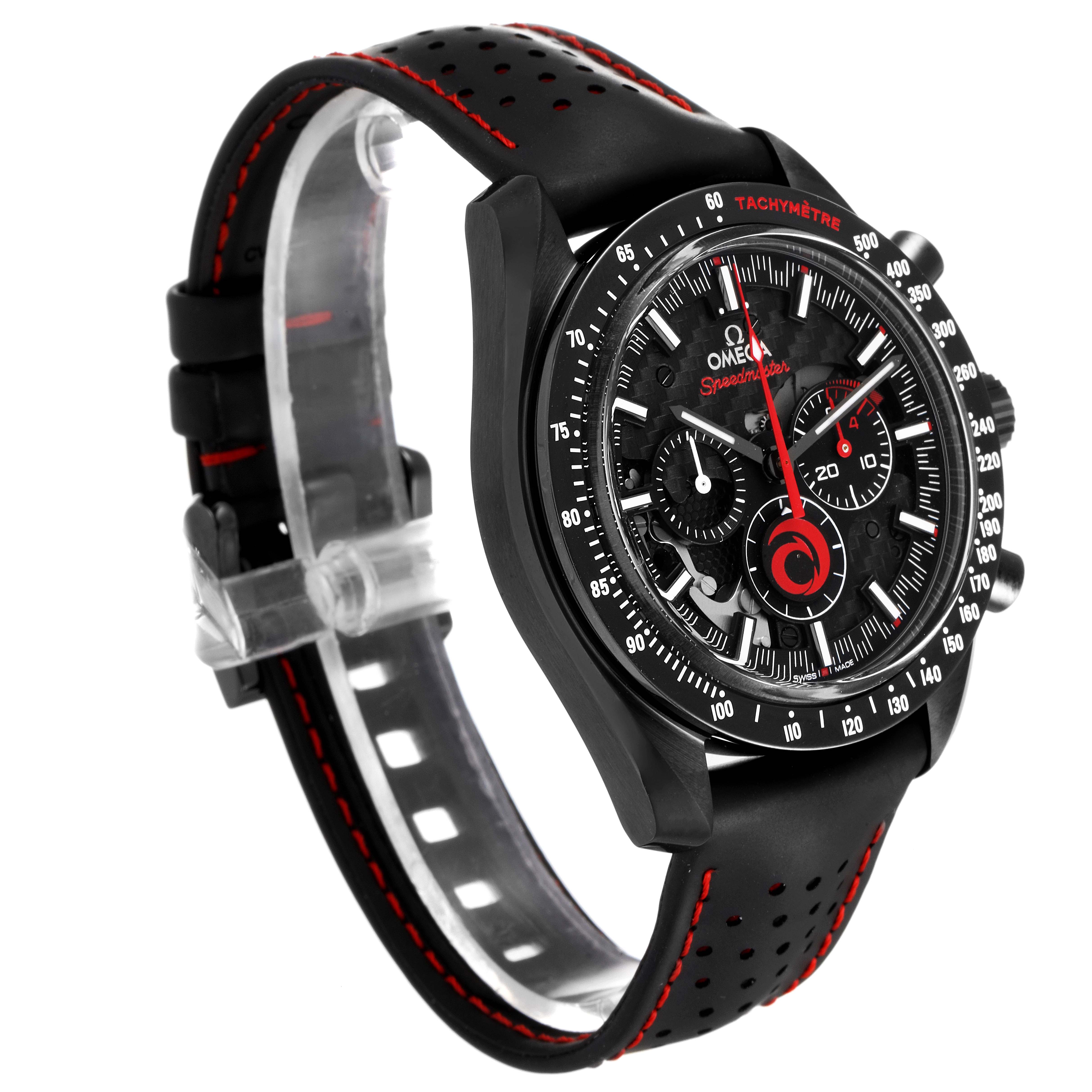 This image shows the Omega Speedmaster 311.92.44.30.01.002 Men's Ceramic Black Dial 311.92.44.30.01.002 Men's Ceramic Black Dial watch at a three-quarter angle, highlighting its face, bezel, buttons, and perforated black strap.