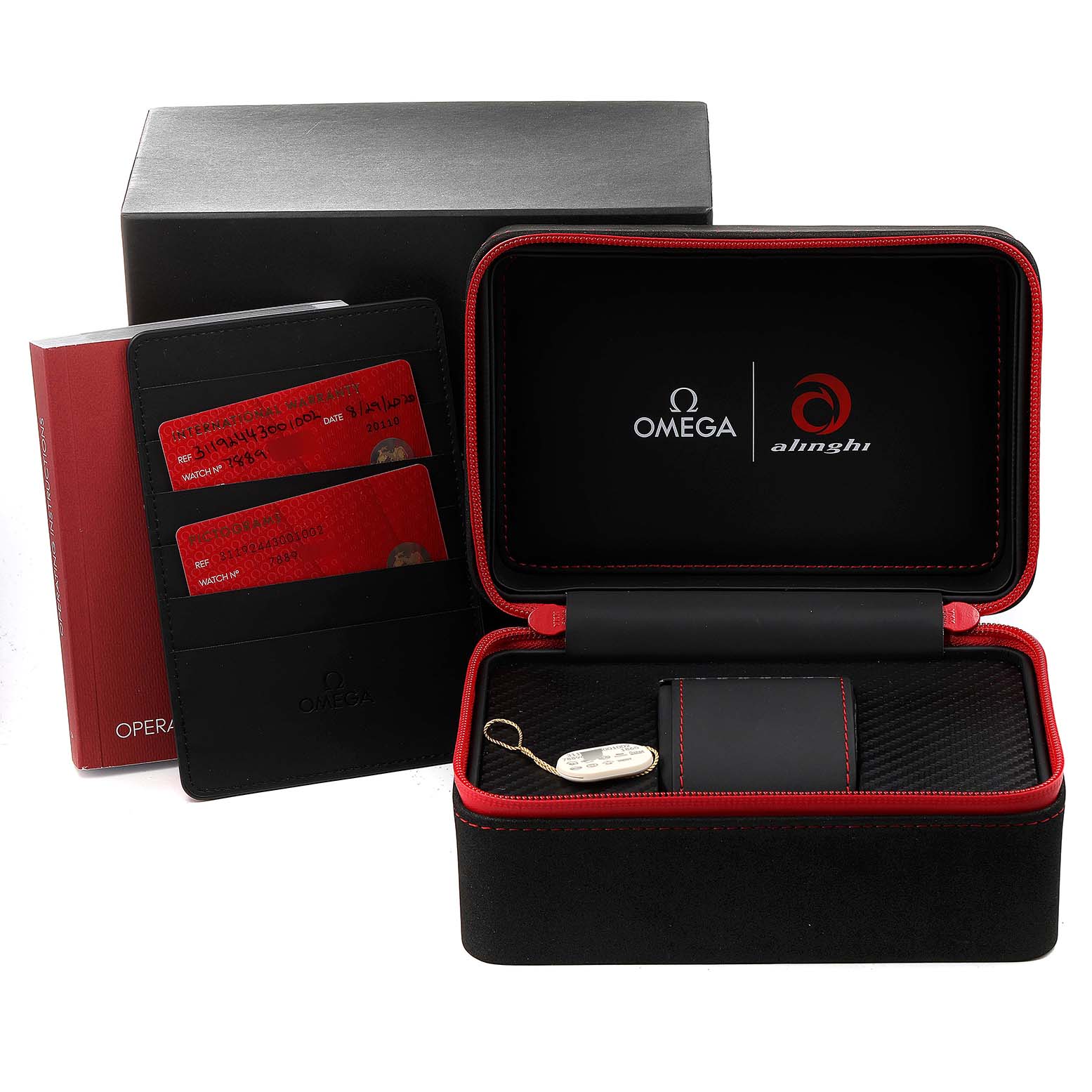 The image shows an Omega Speedmaster 311.92.44.30.01.002 Men's Ceramic Black Dial 311.92.44.30.01.002 Men's Ceramic Black Dial watch box with accessories, including a case, cards, and a booklet.