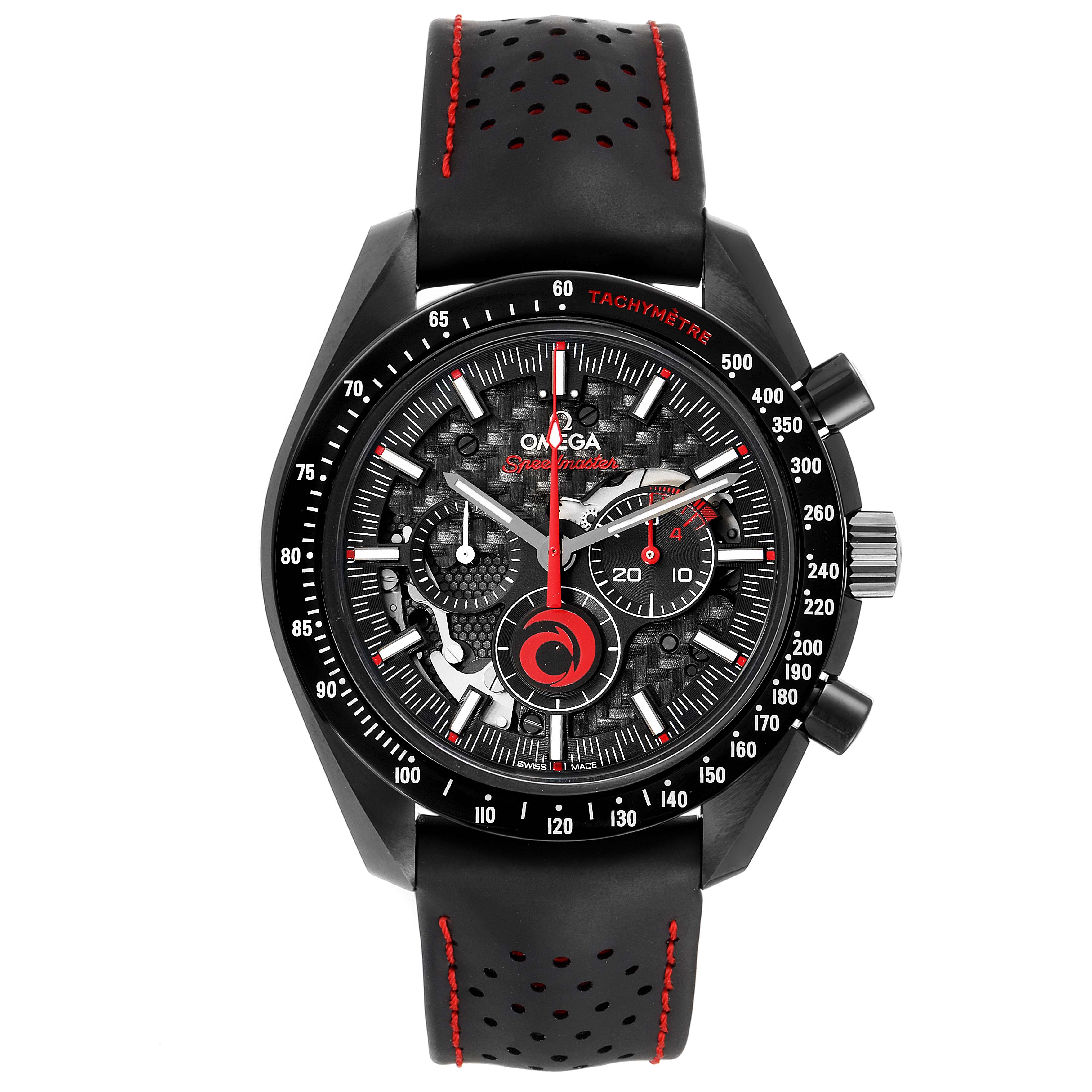 This Omega Speedmaster 311.92.44.30.01.002 Men's Ceramic Black Dial 311.92.44.30.01.002 Men's Ceramic Black Dial watch is shown from a top-down angle, highlighting its dial, bezel, and strap.