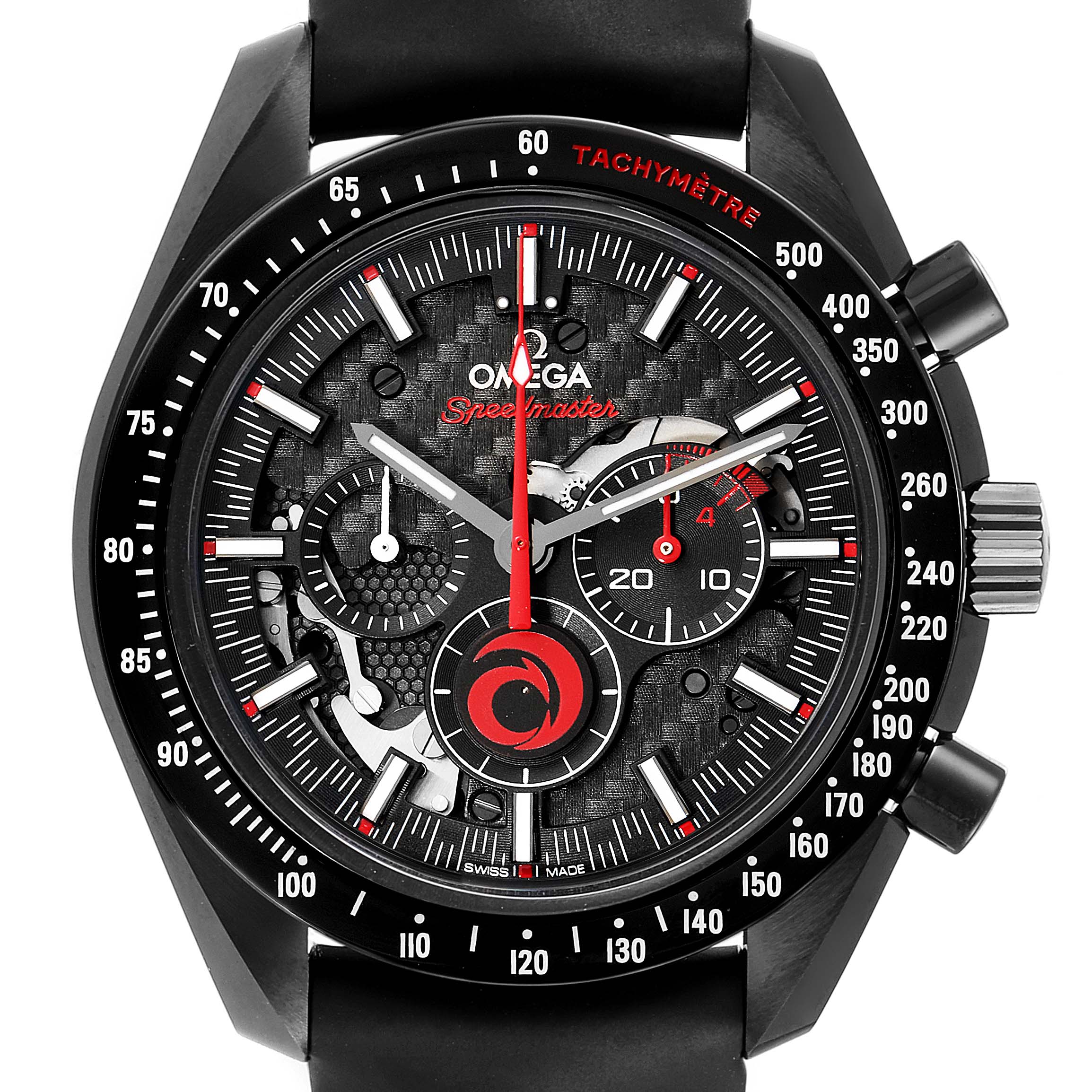 The image shows a frontal view of the Omega Speedmaster 311.92.44.30.01.002 Men's Ceramic Black Dial 311.92.44.30.01.002 Men's Ceramic Black Dial watch, highlighting its dial, tachymeter, push buttons, and crown.