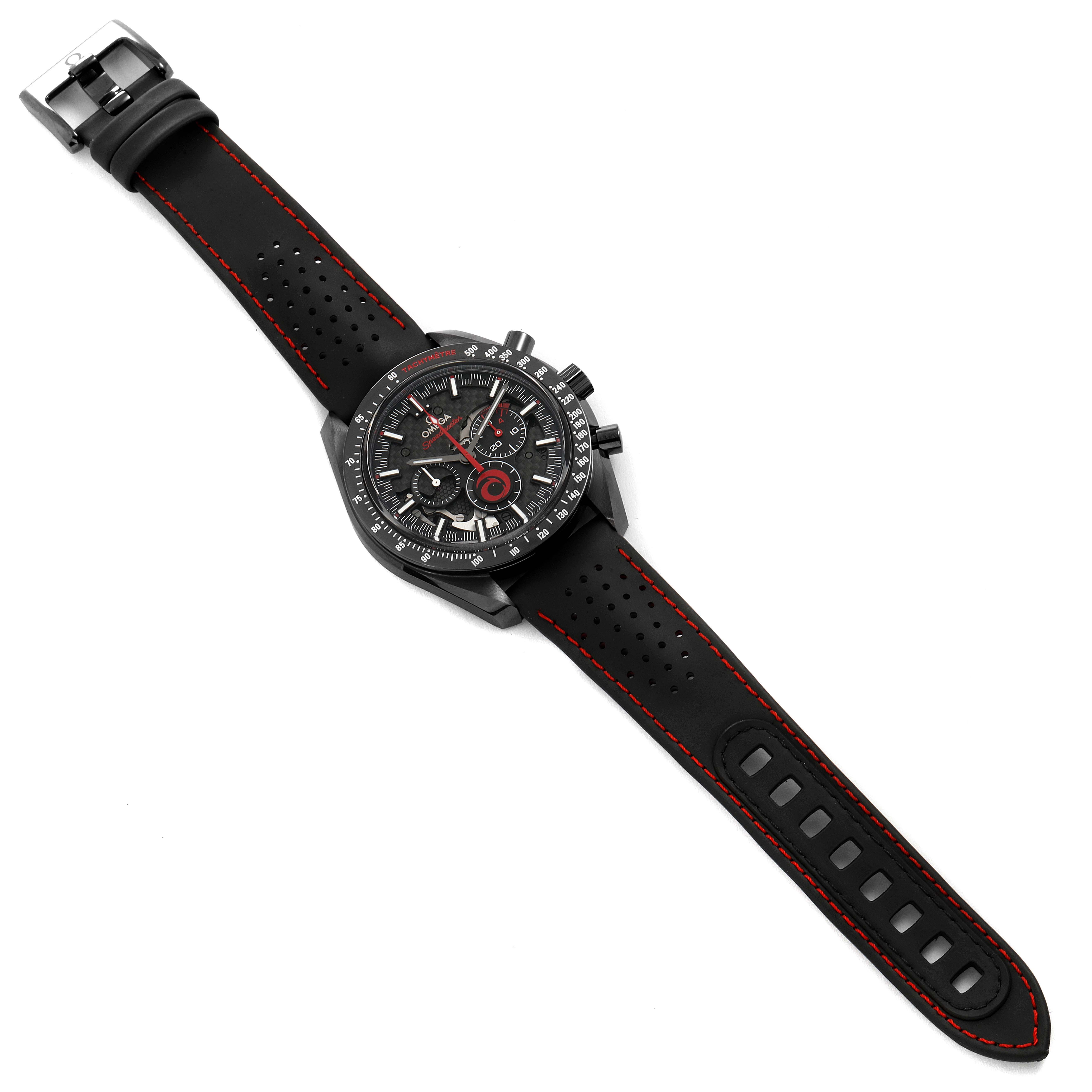 The image shows an Omega Speedmaster 311.92.44.30.01.002 Men's Ceramic Black Dial 311.92.44.30.01.002 Men's Ceramic Black Dial watch laid flat, displaying the face, bezel, case, buttons, and leather strap with red stitching.