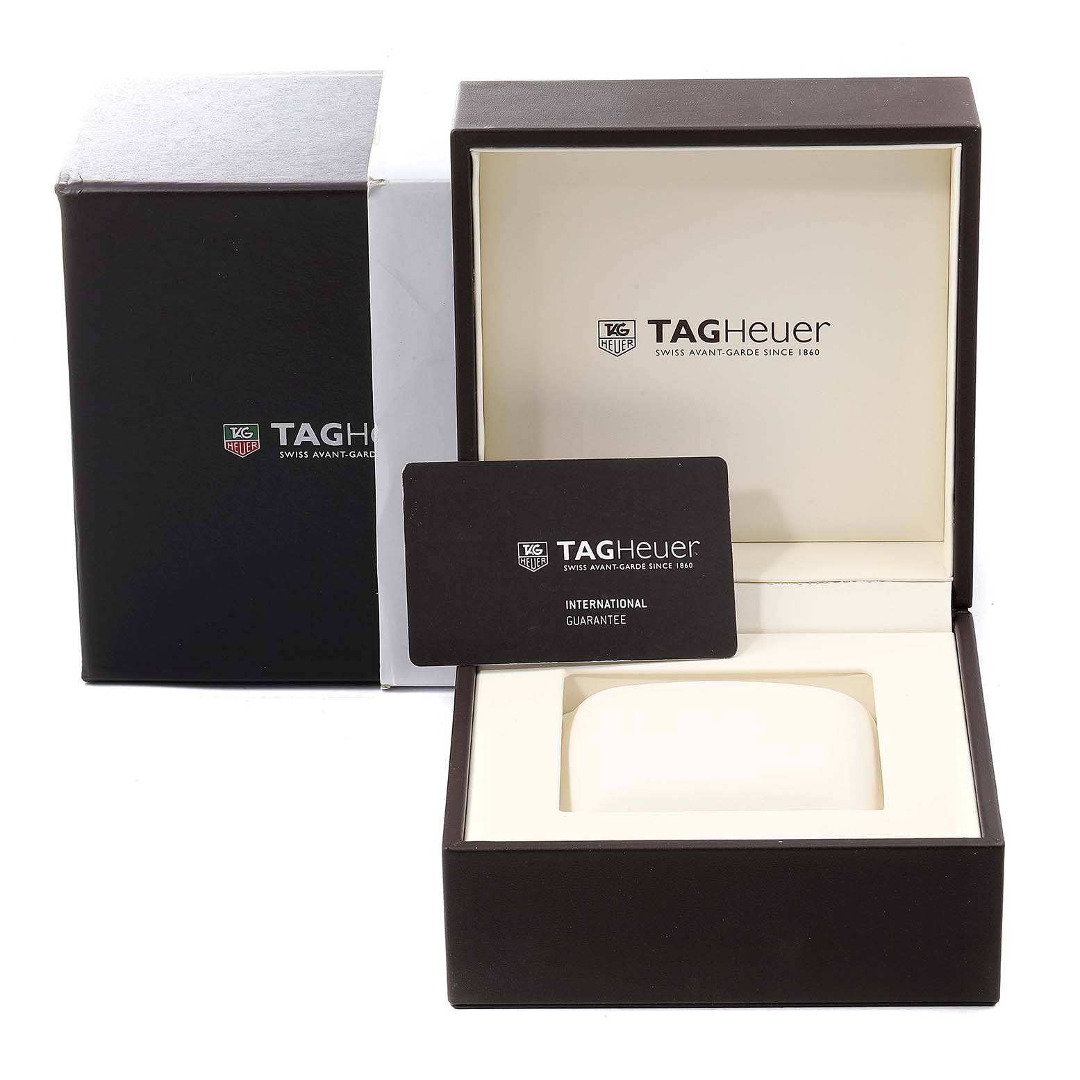 The image shows an open Tag Heuer Aquaracer CAJ2180.FT6023 Men's Titanium Black Dial CAJ2180.FT6023 Men's Titanium Black Dial watch box with the International Guarantee card and outer packaging.