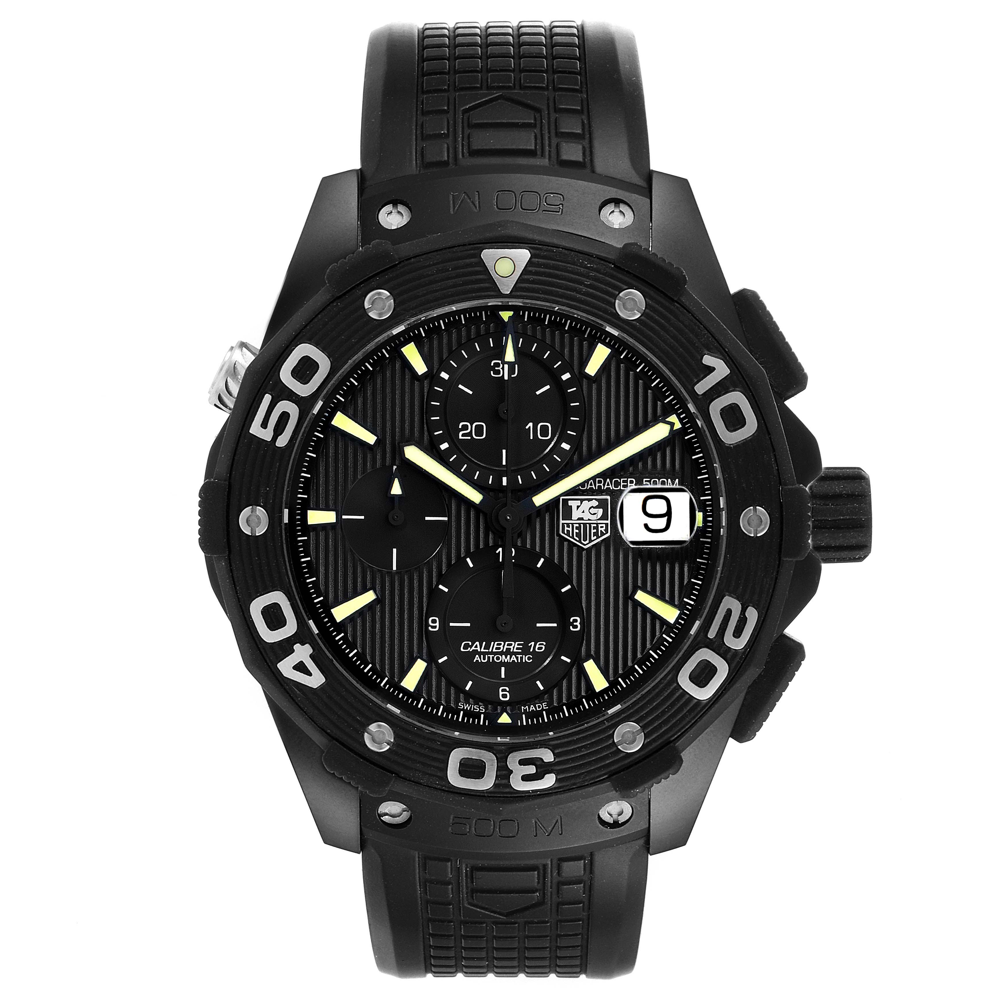 The image shows a front view of the Tag Heuer Aquaracer CAJ2180.FT6023 Men's Titanium Black Dial CAJ2180.FT6023 Men's Titanium Black Dial watch, highlighting its black dial, chronograph subdials, and rubber strap.