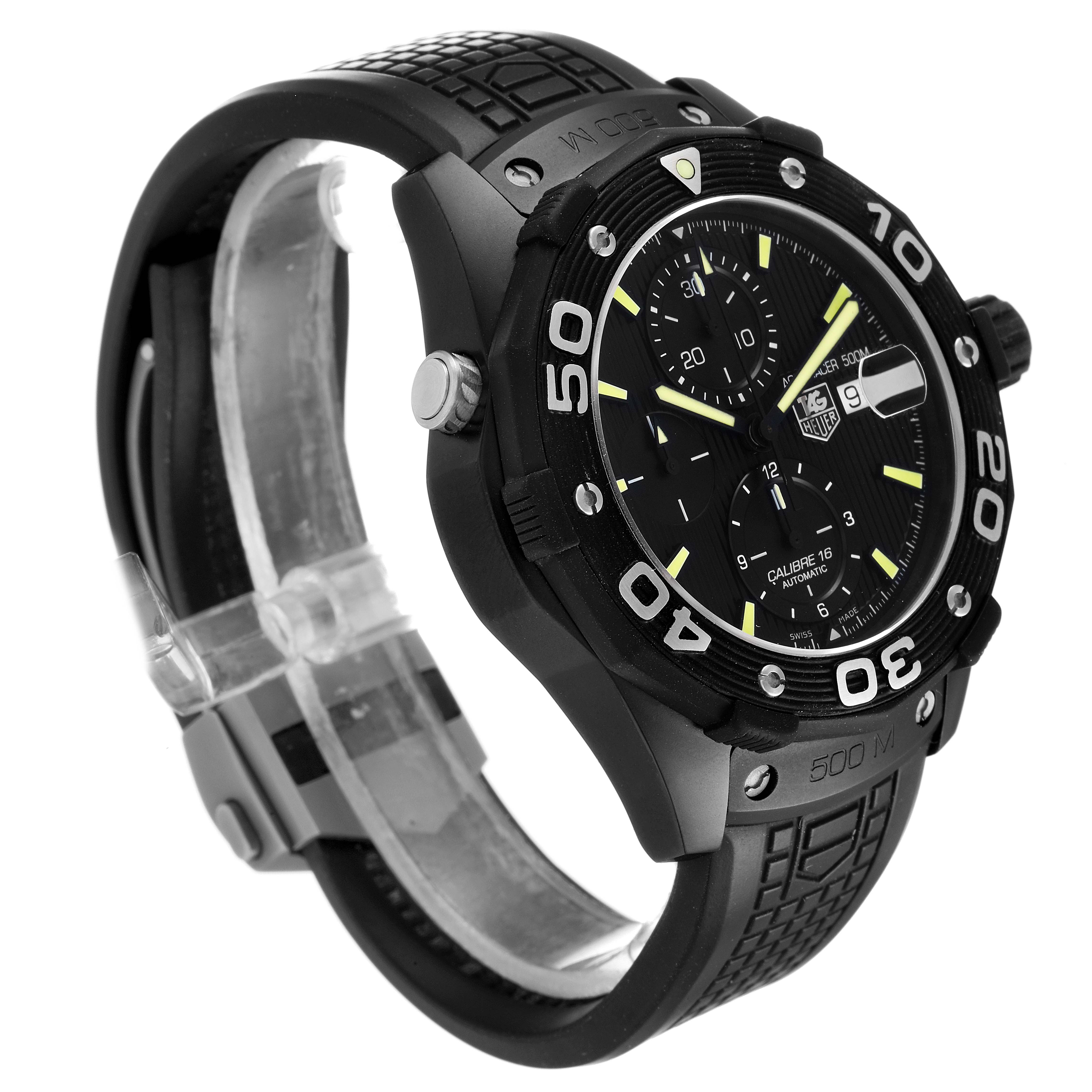 The Tag Heuer Aquaracer CAJ2180.FT6023 Men's Titanium Black Dial CAJ2180.FT6023 Men's Titanium Black Dial watch is shown at a three-quarter angle, displaying its face, bezel, crown, and part of the strap.