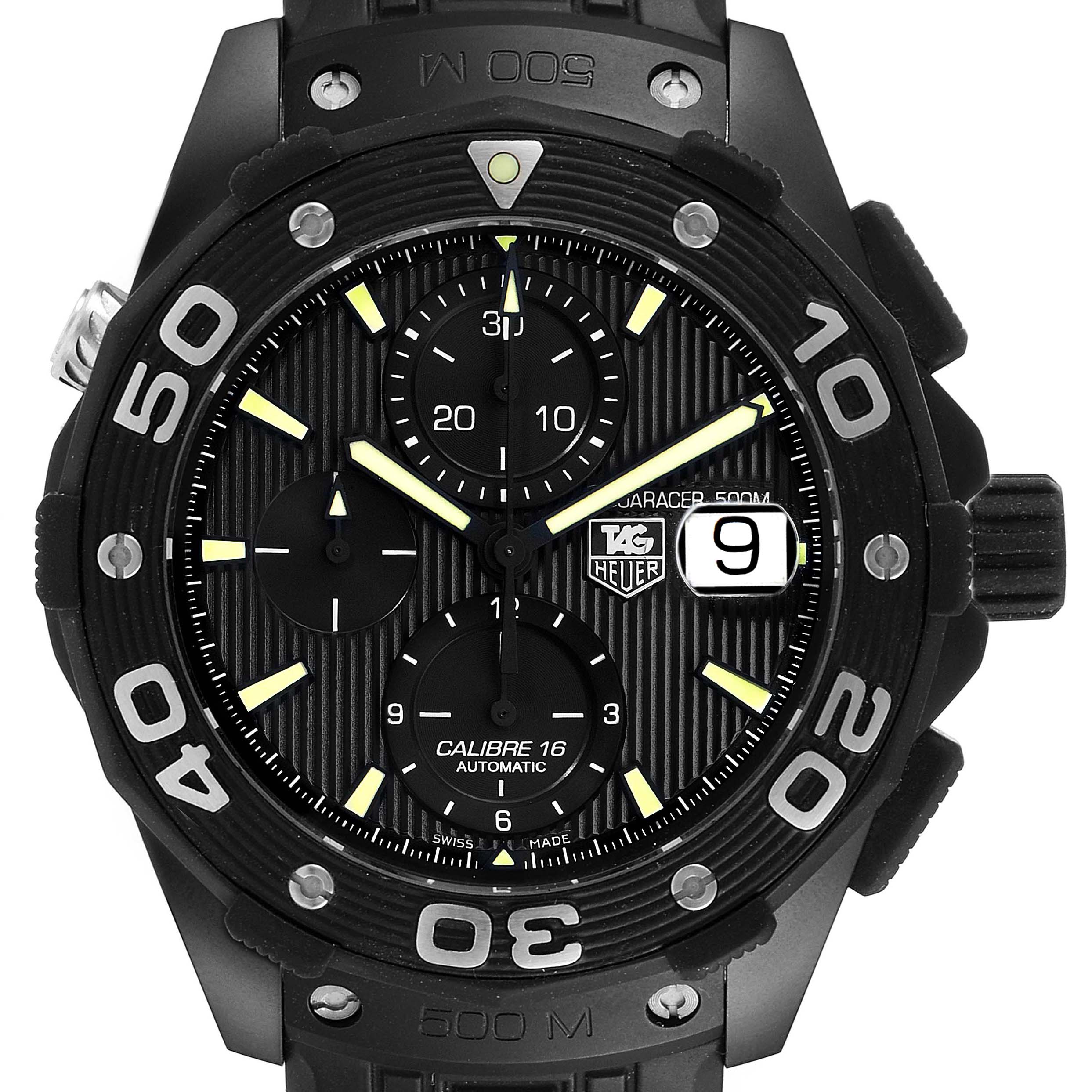 The image shows a front view of the Tag Heuer Aquaracer CAJ2180.FT6023 Men's Titanium Black Dial CAJ2180.FT6023 Men's Titanium Black Dial watch, displaying the face with its bezel, dial, and chronograph subdials.