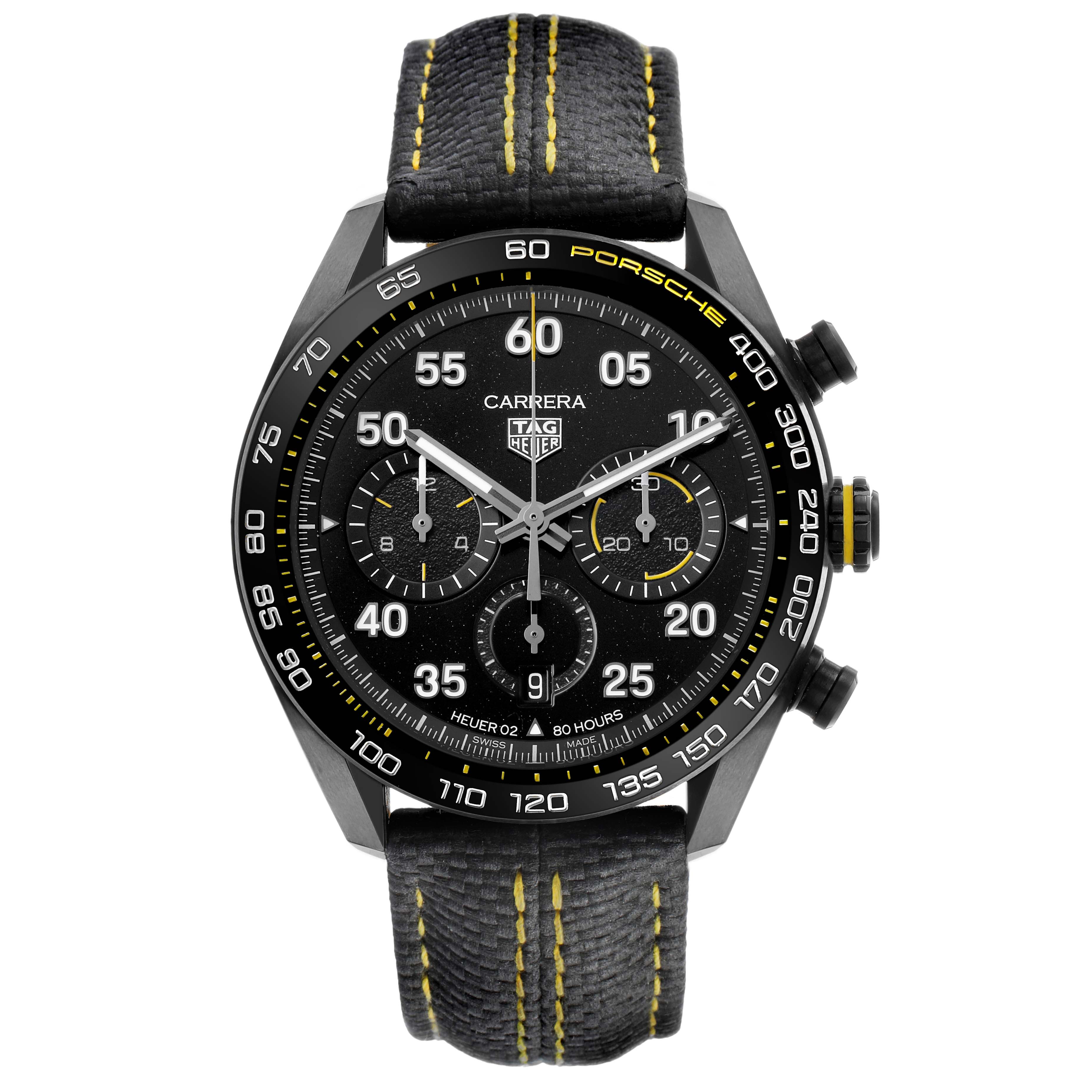 The Tag Heuer Carrera CBN2A1H Men's Stainless Steel Black Dial watch is shown from the front, displaying its face, bezel, and leather strap with yellow stitching.