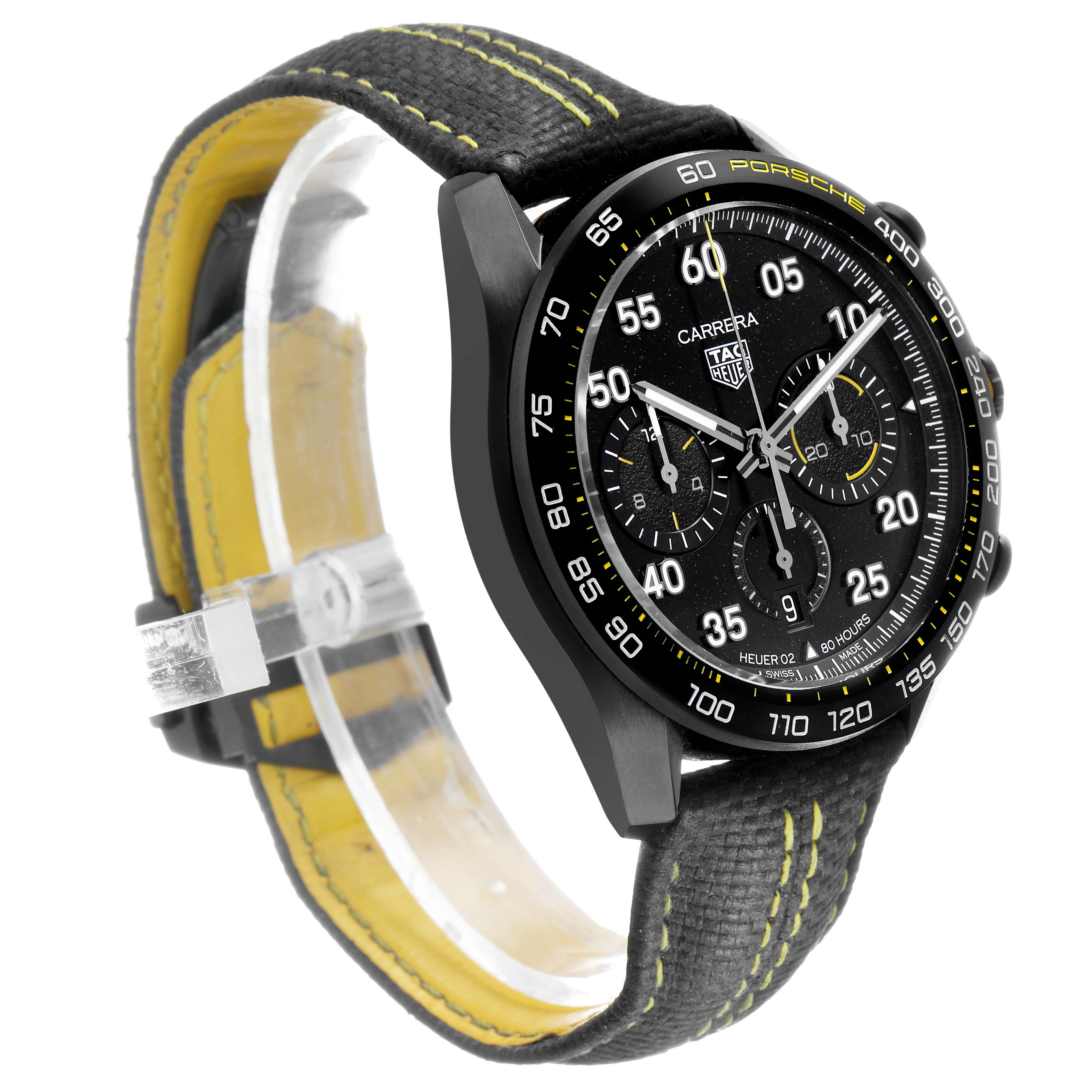 The Tag Heuer Carrera CBN2A1H Men's Stainless Steel Black Dial watch is shown at an angle highlighting the face, bezel, and part of the strap.