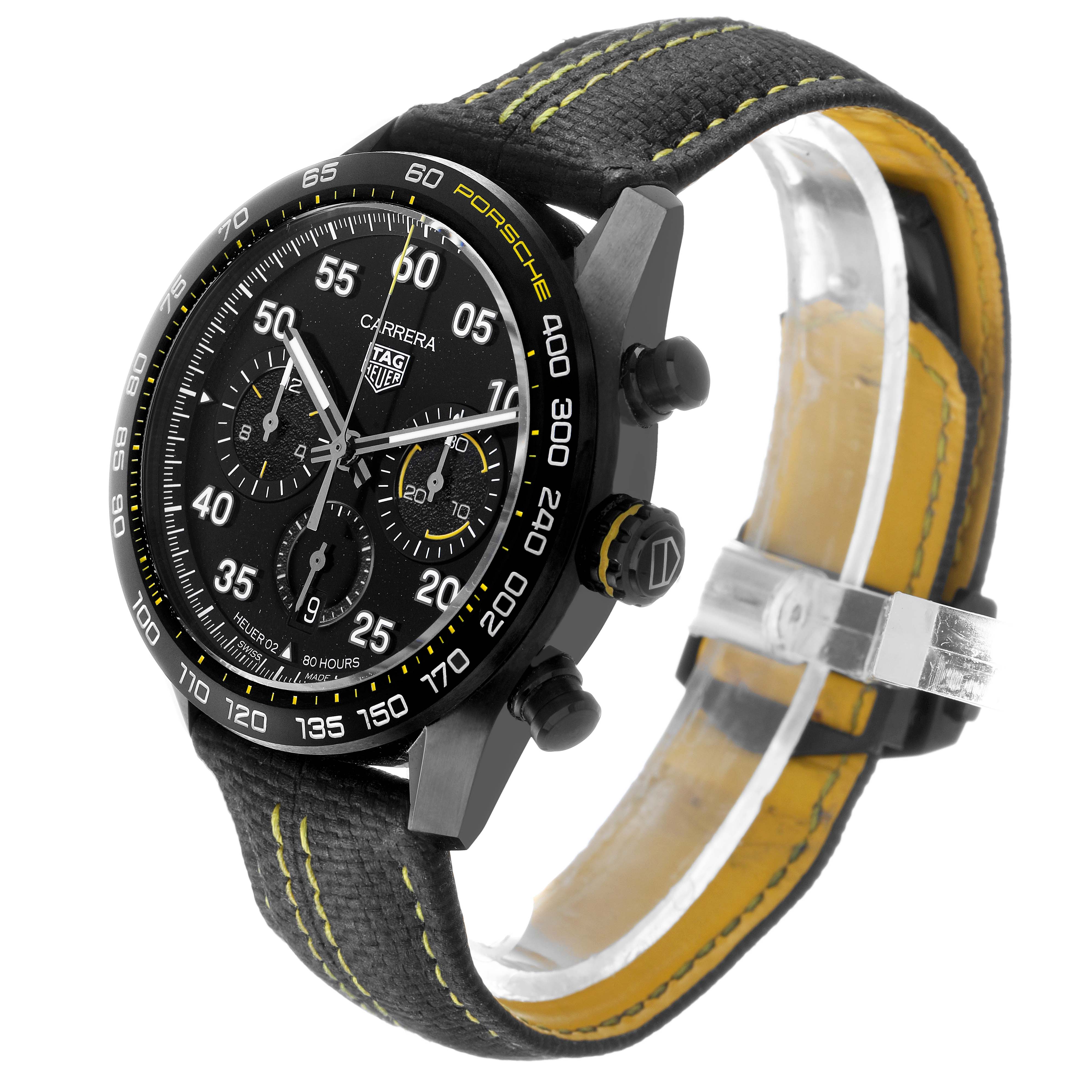 The Tag Heuer Carrera CBN2A1H Men's Stainless Steel Black Dial watch is shown at a three-quarter angle, featuring the dial, crown, sub-dials, bezel, and strap.