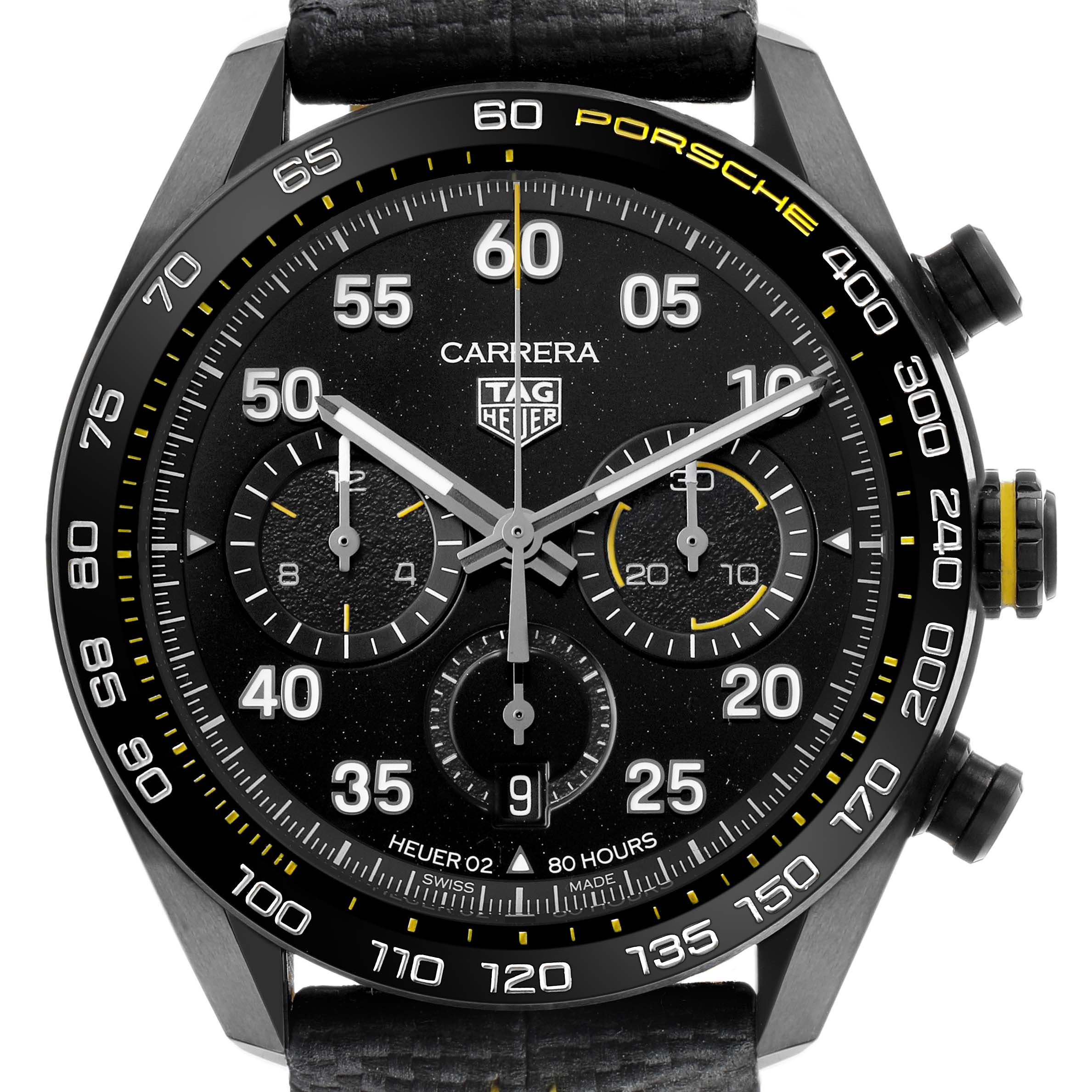 The image shows a frontal view of the Tag Heuer Carrera CBN2A1H Men's Stainless Steel Black Dial watch, highlighting the dial, bezel, and chronograph subdials.