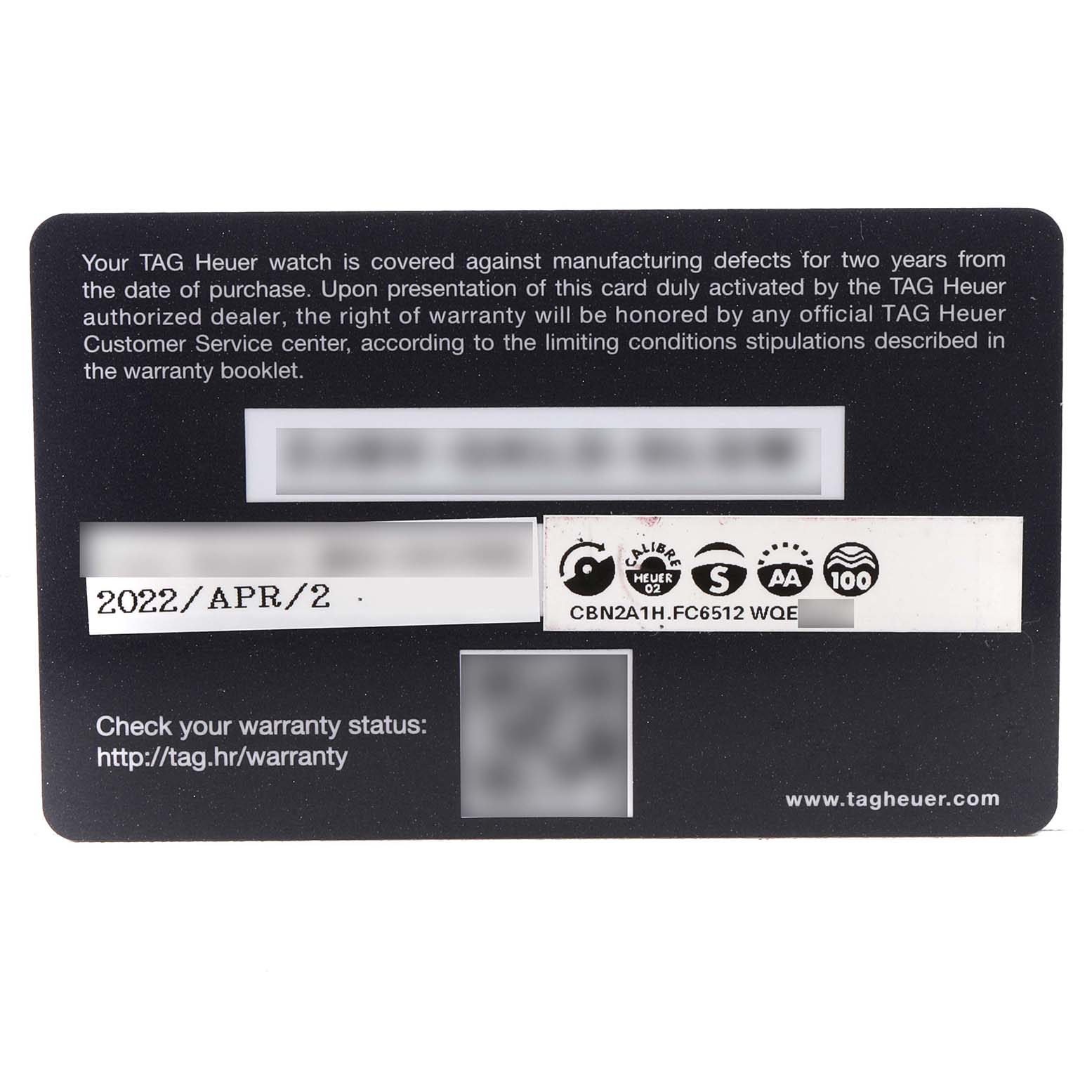 The image shows a warranty card for the TAG Heuer Carrera model.