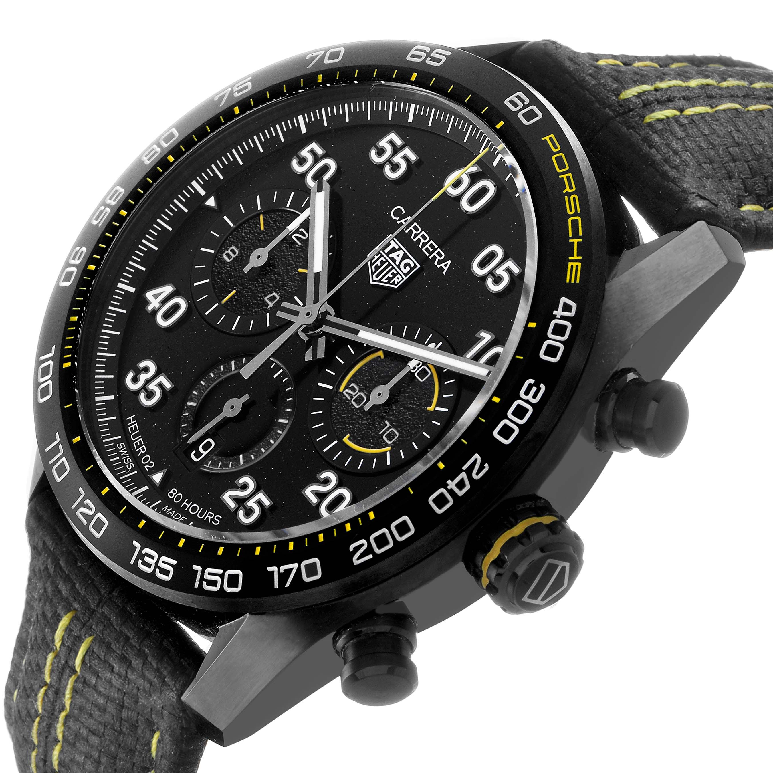 The Tag Heuer Carrera CBN2A1H Men's Stainless Steel Black Dial watch is angled to show its face, bezel, chronograph subdials, and side pushers.