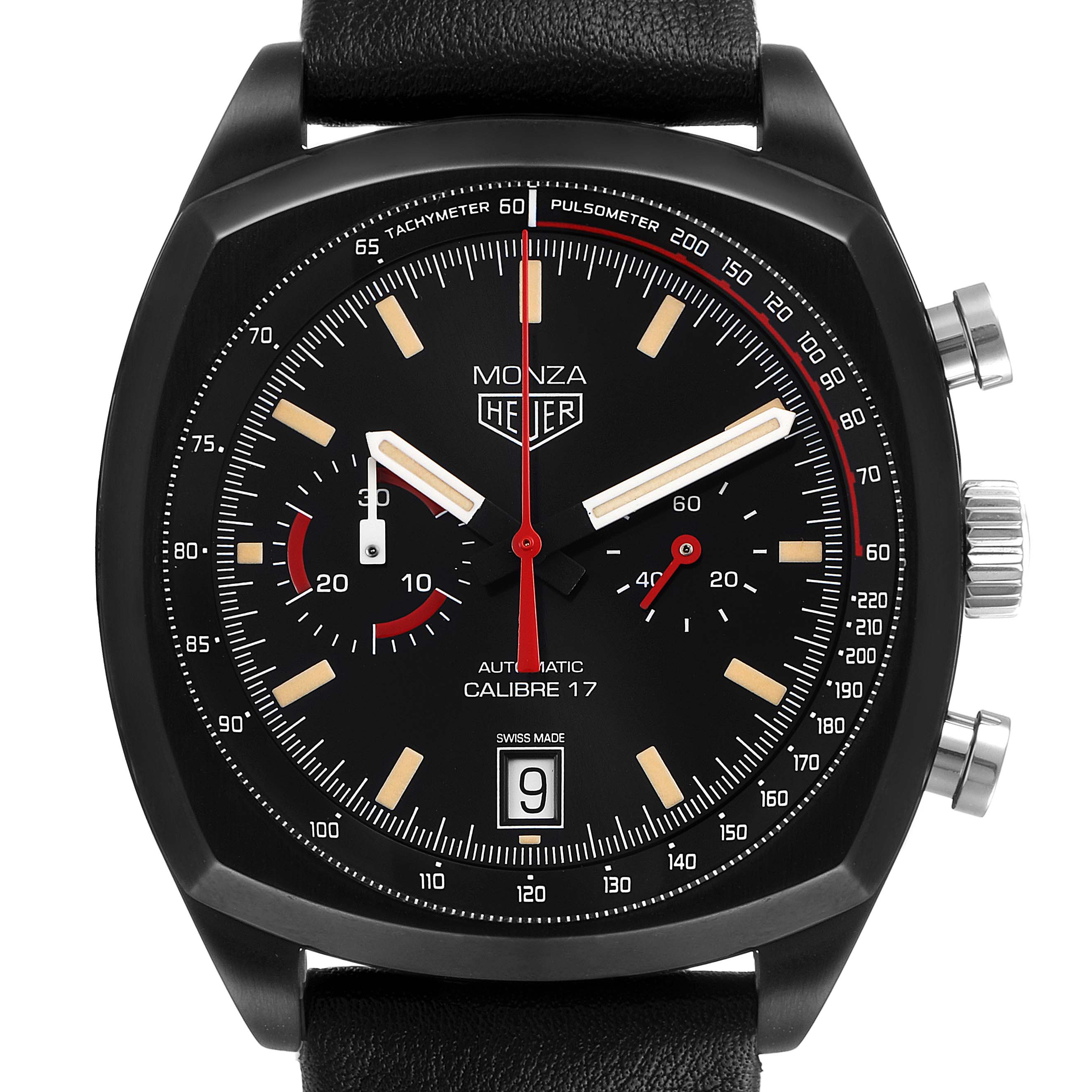 The image shows a front view of the Tag Heuer Monza Limited Edition Calibre 17 watch displaying its dial, subdials, date window, and chronograph buttons.