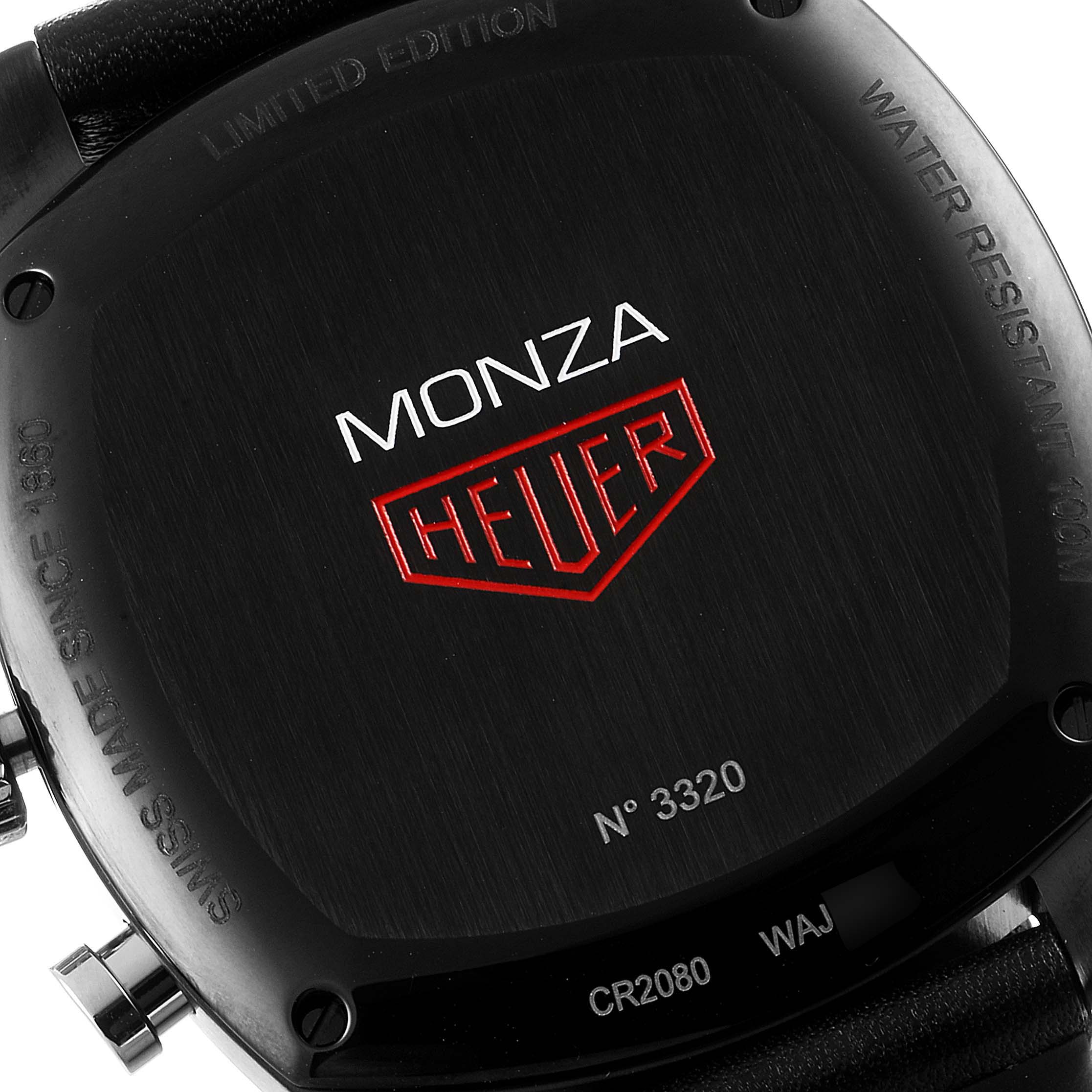 The image shows the back case of a Tag Heuer Monza watch, highlighting its limited edition number and water resistance details.