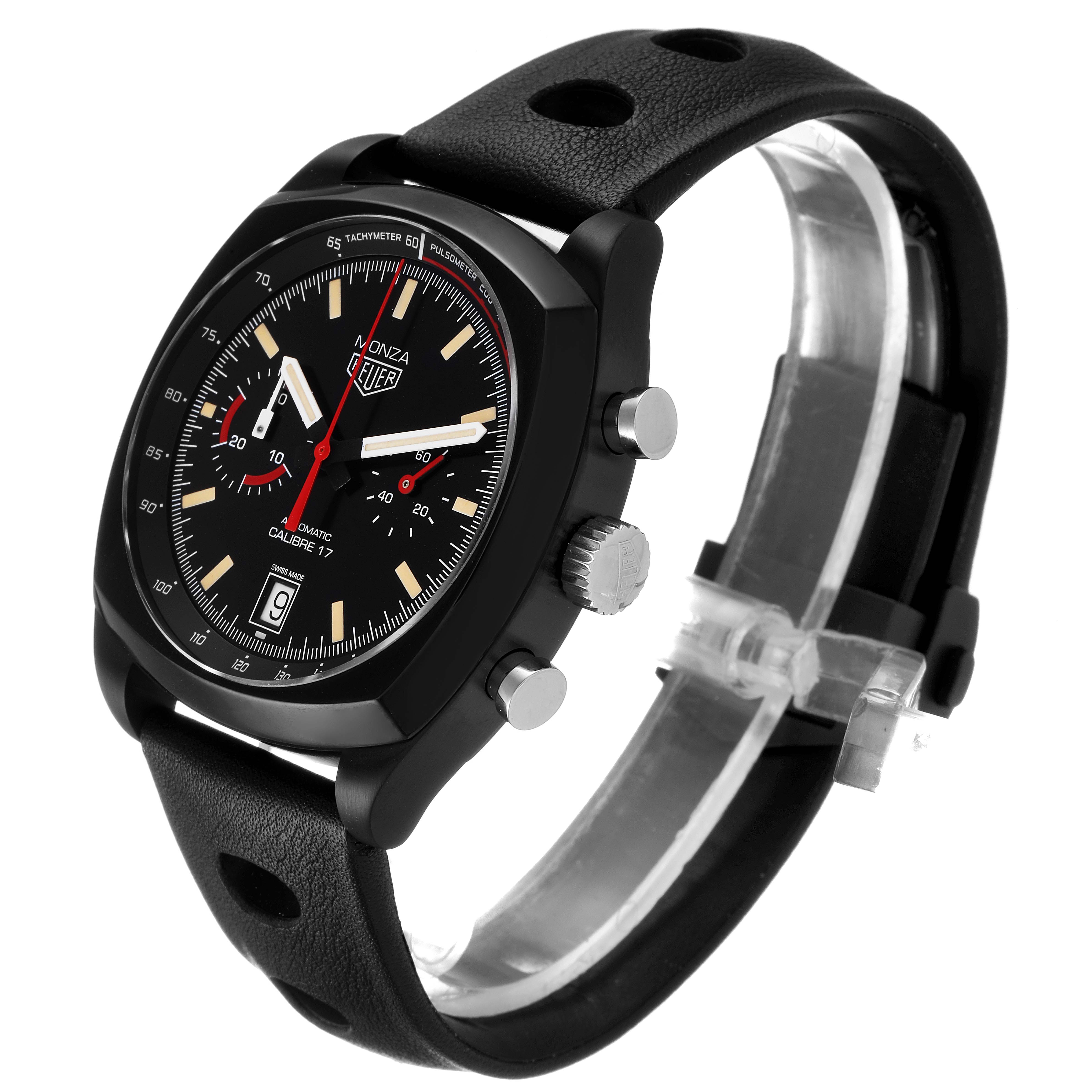 The image showcases a Tag Heuer Monza model watch at a three-quarter angle, highlighting the face, bezel, and leather strap.