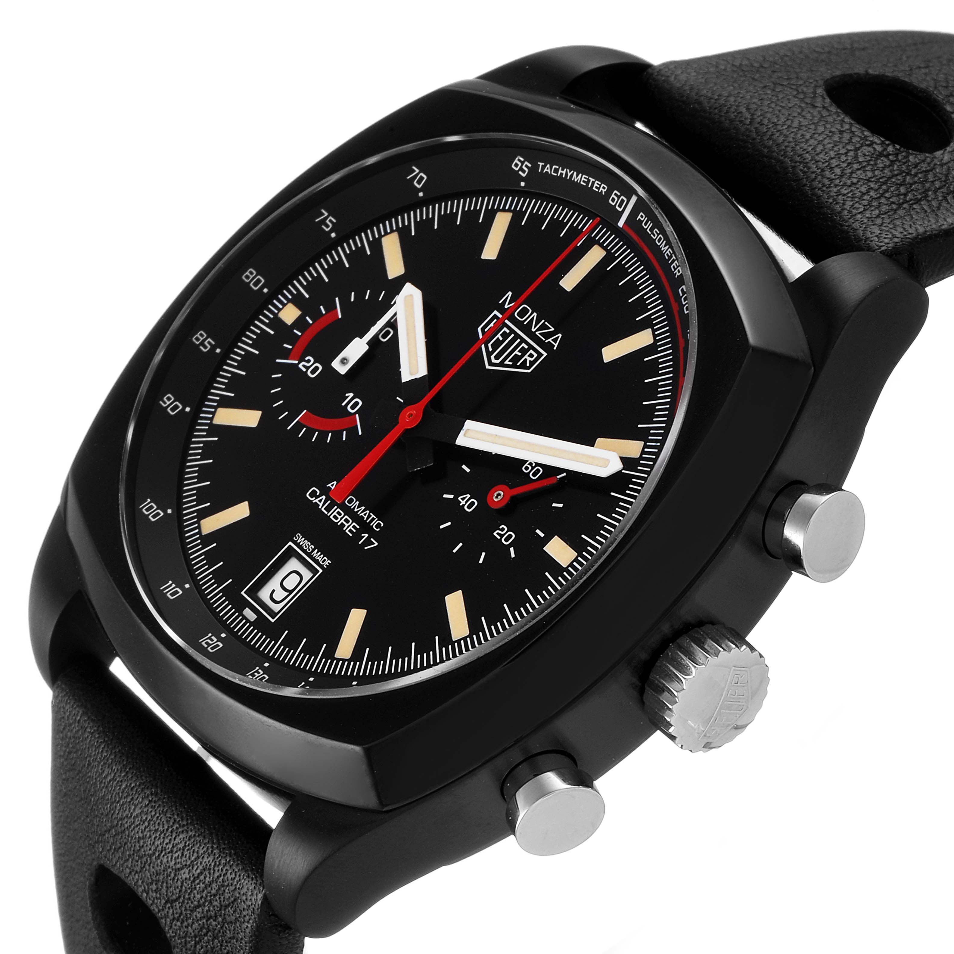 The image shows a Tag Heuer Monza watch from an angled side view, highlighting its dial, bezel, crown, pushers, and strap.