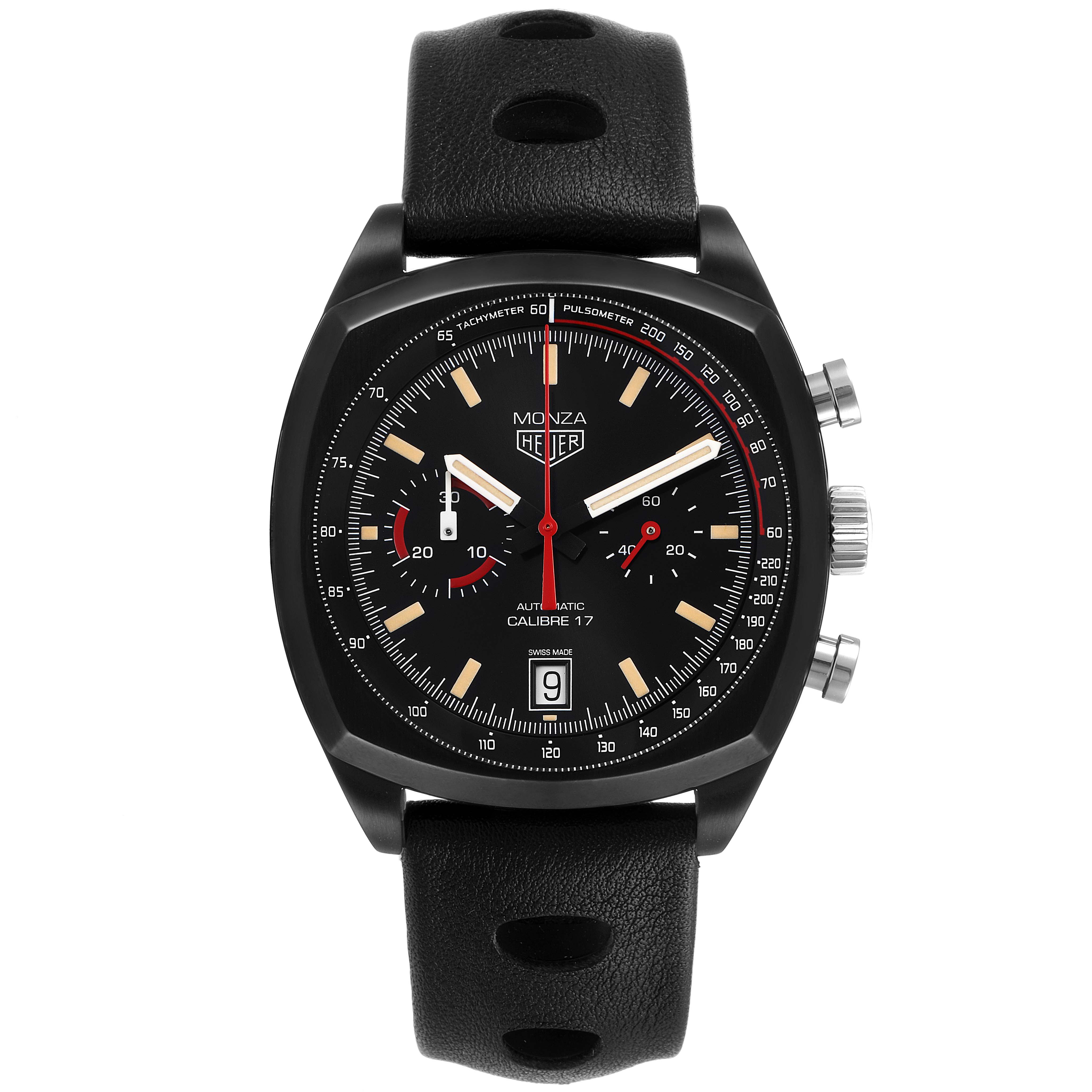 This image shows a front view of a Tag Heuer Monza watch, displaying the dial, strap, and side pushers.