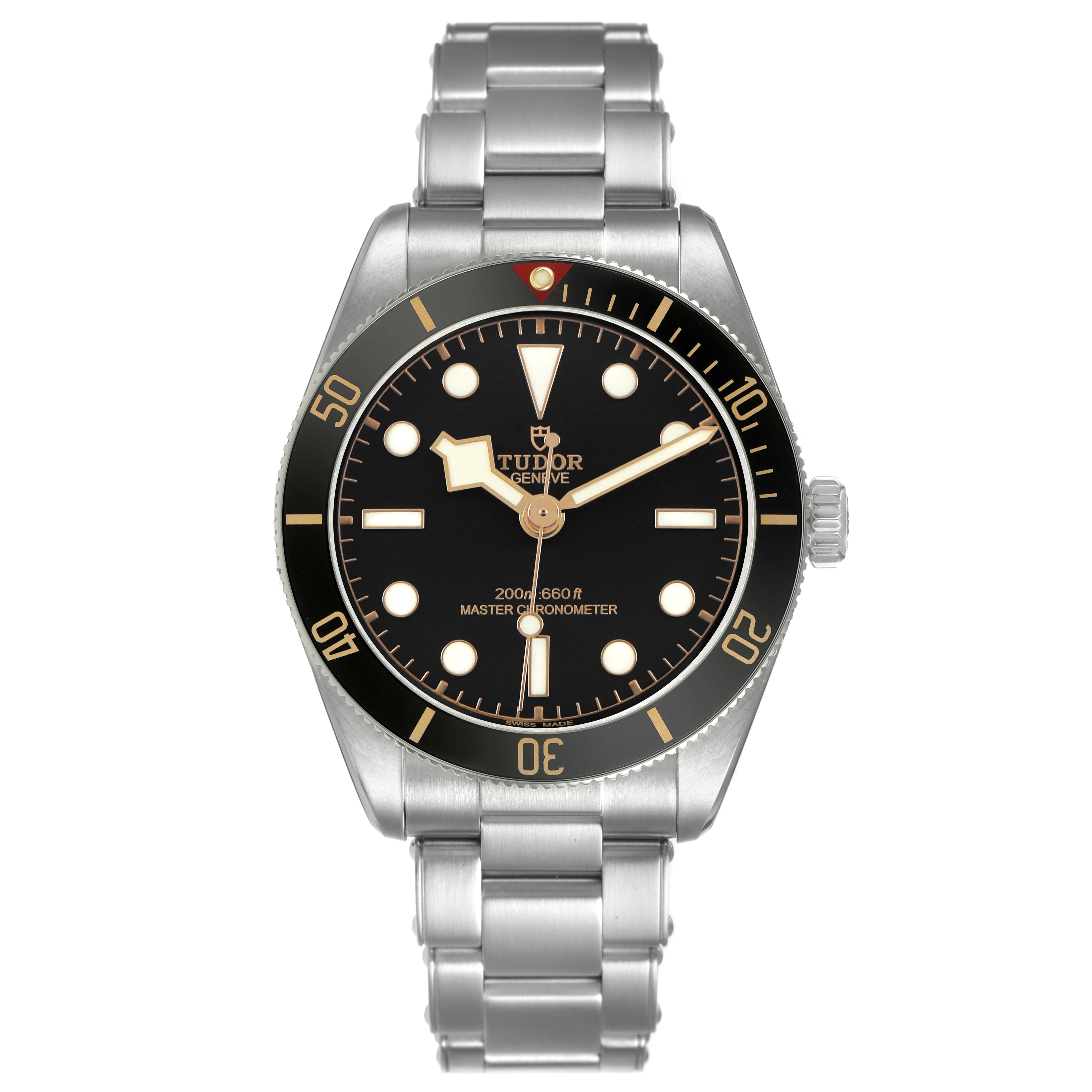 The Tudor Heritage Black Bay 7939A1A0NU Men's Stainless Steel Black Dial watch is shown from the front, displaying its dial, bezel, and bracelet.