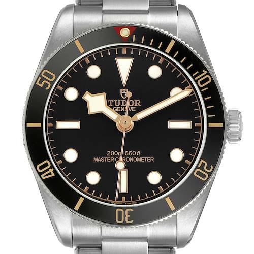 The Tudor Heritage Black Bay 7939A1A0NU Men's Stainless Steel Black Dial watch is shown from the front, displaying its dial, bezel, hands, markers, and a portion of the bracelet.