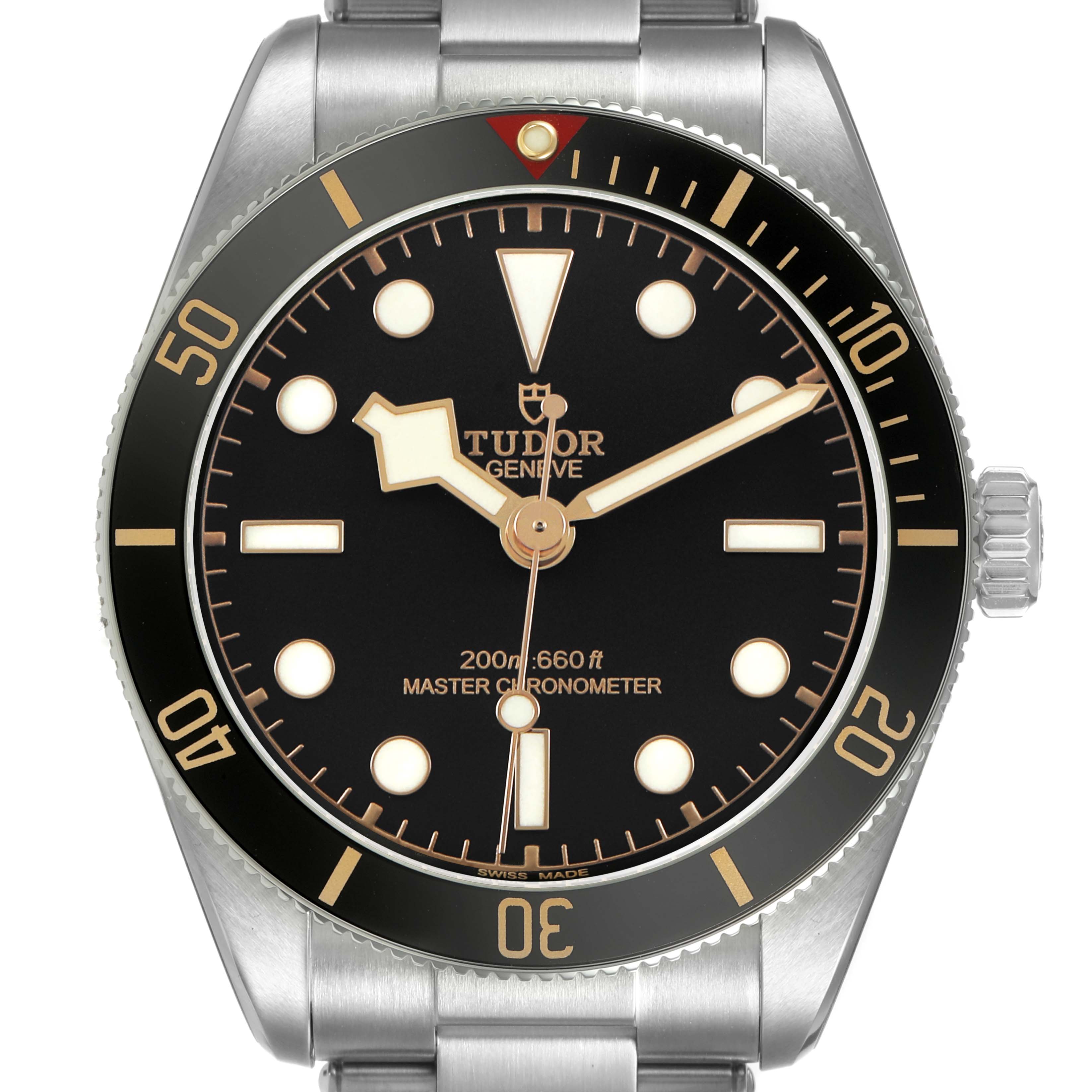 The Tudor Heritage Black Bay 7939A1A0NU Men's Stainless Steel Black Dial watch is shown from a front angle, highlighting its dial, bezel, and stainless steel bracelet.