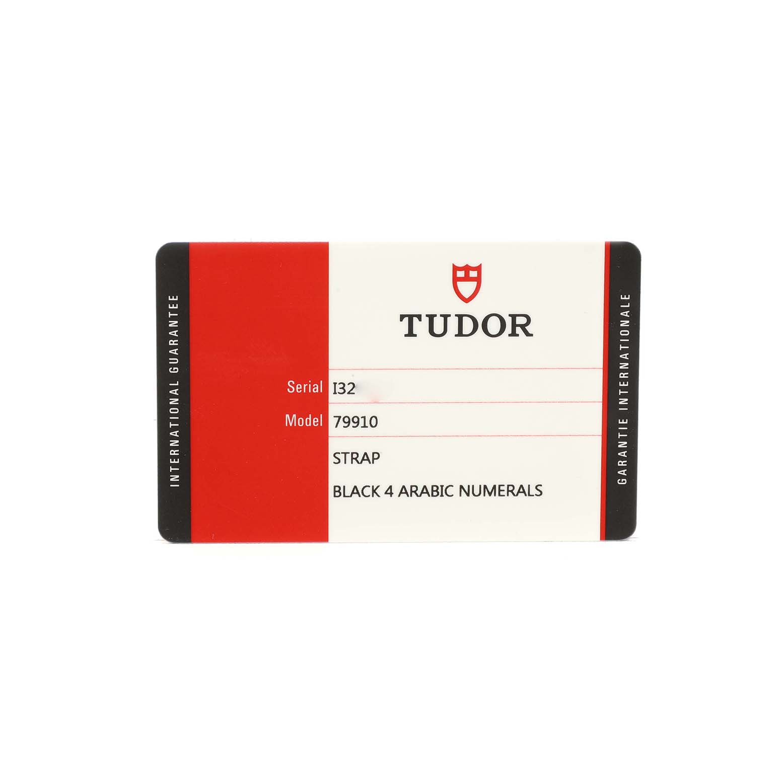 This image shows the warranty card for the Tudor Heritage Ranger M79910-0002 Men's Stainless Steel Black Dial watch model 79910, indicating strap and numeral details.