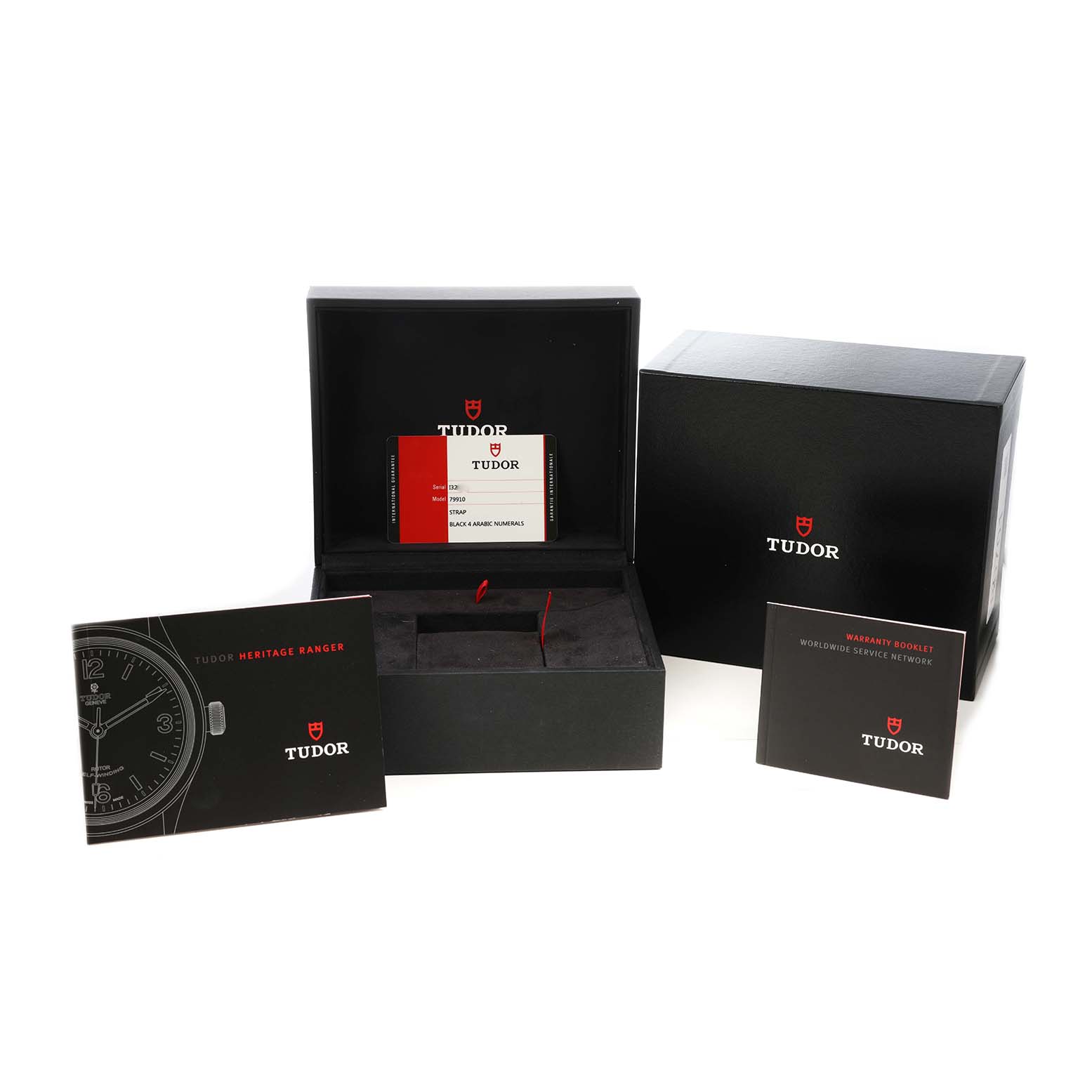 The image shows the Tudor Heritage Ranger M79910-0002 Men's Stainless Steel Black Dial box, warranty booklet, and instruction manual.