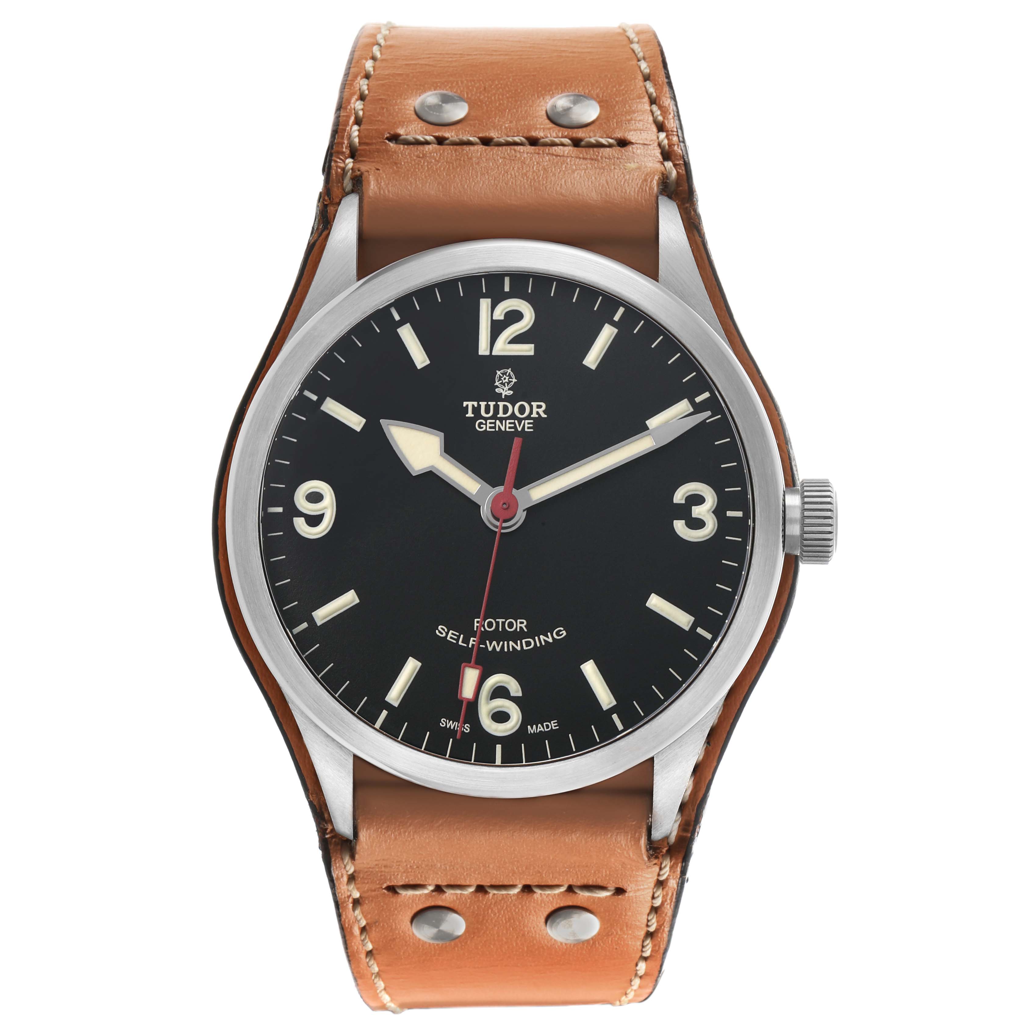 The Tudor Heritage Ranger M79910-0002 Men's Stainless Steel Black Dial watch is shown from a front angle, highlighting the dial, case, and leather strap.
