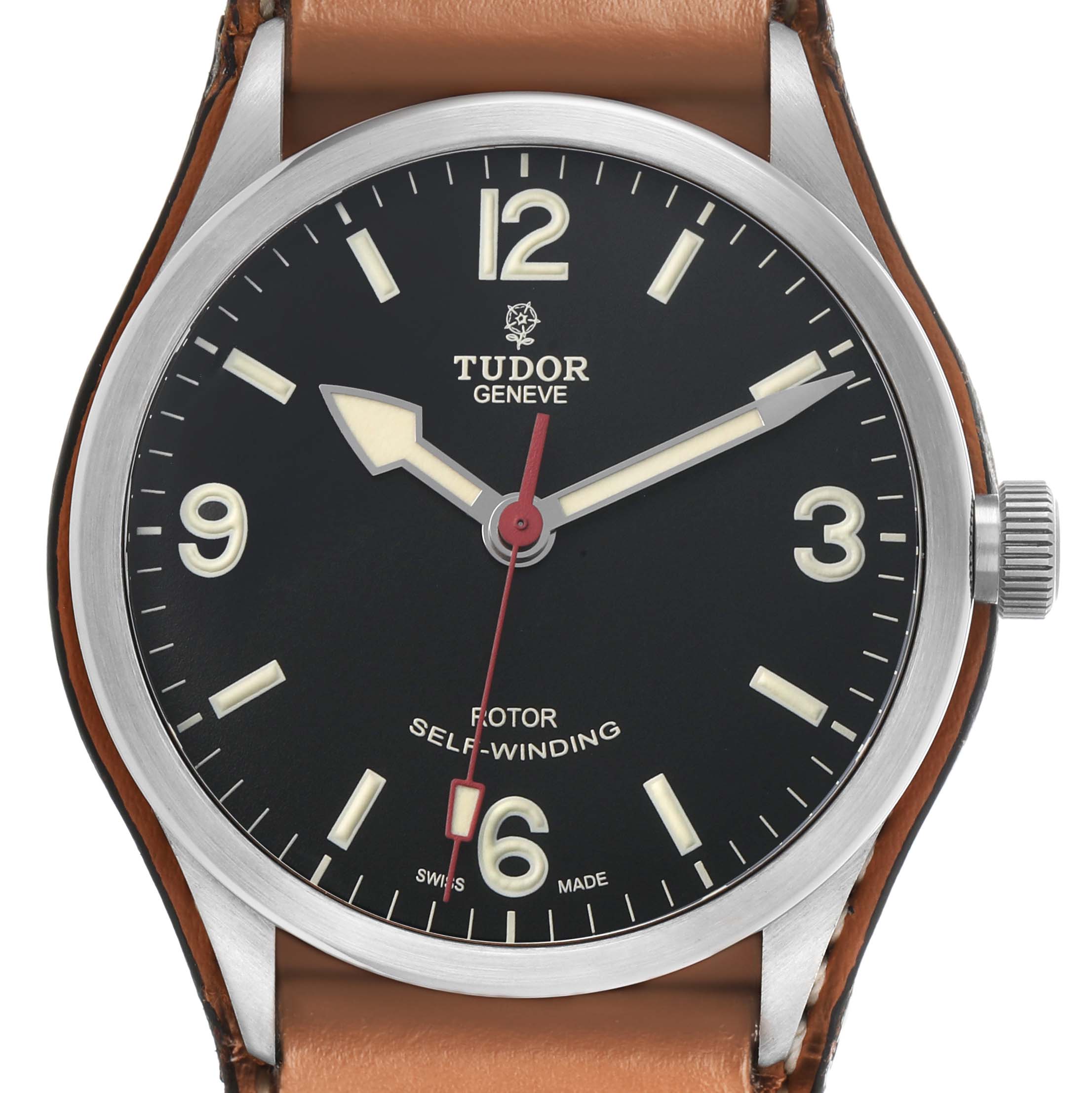The Tudor Heritage Ranger M79910-0002 Men's Stainless Steel Black Dial watch is shown from the front, displaying its dial, hands, and crown.