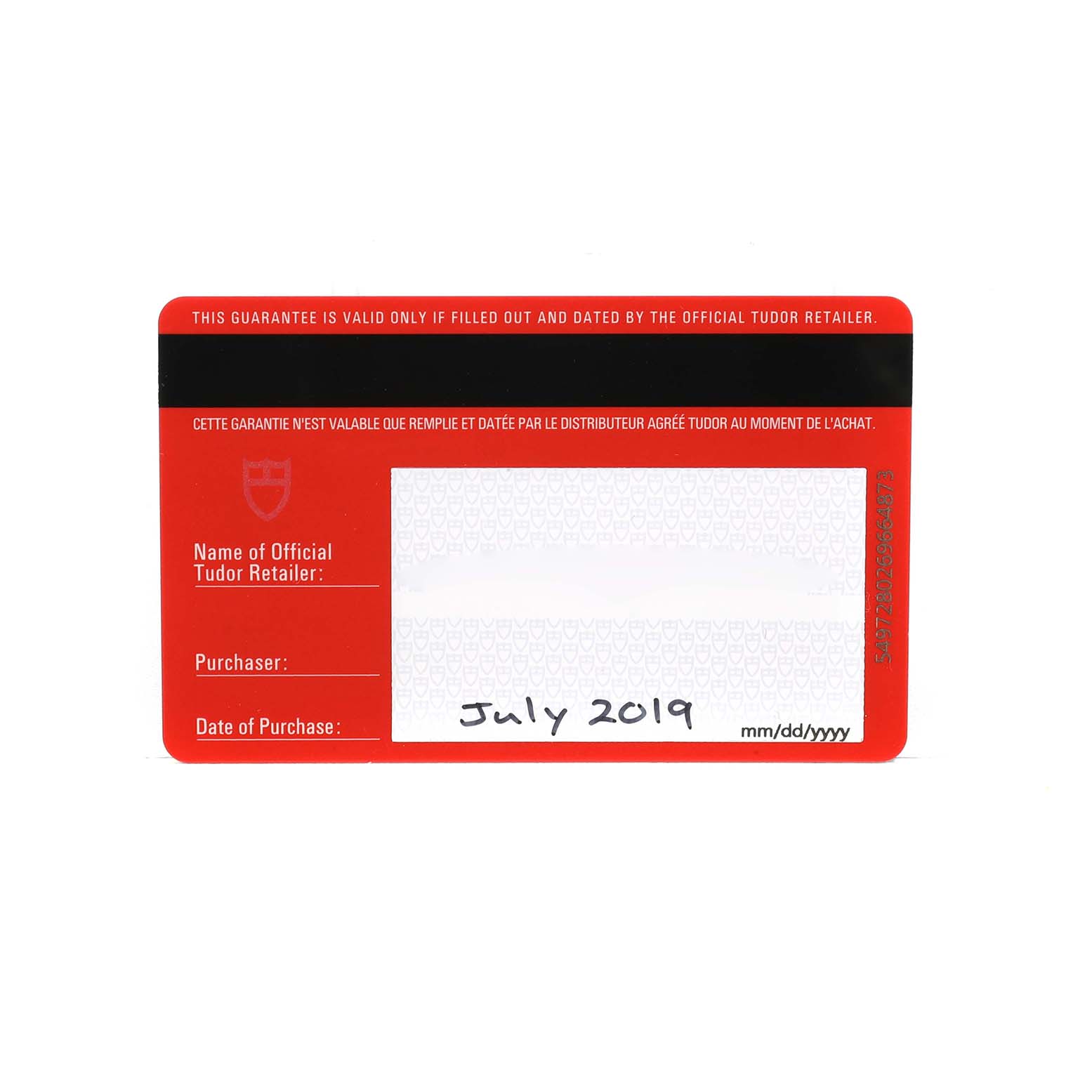 This image shows the warranty card for the Tudor Heritage Ranger M79910-0002 Men's Stainless Steel Black Dial watch, featuring purchase information.
