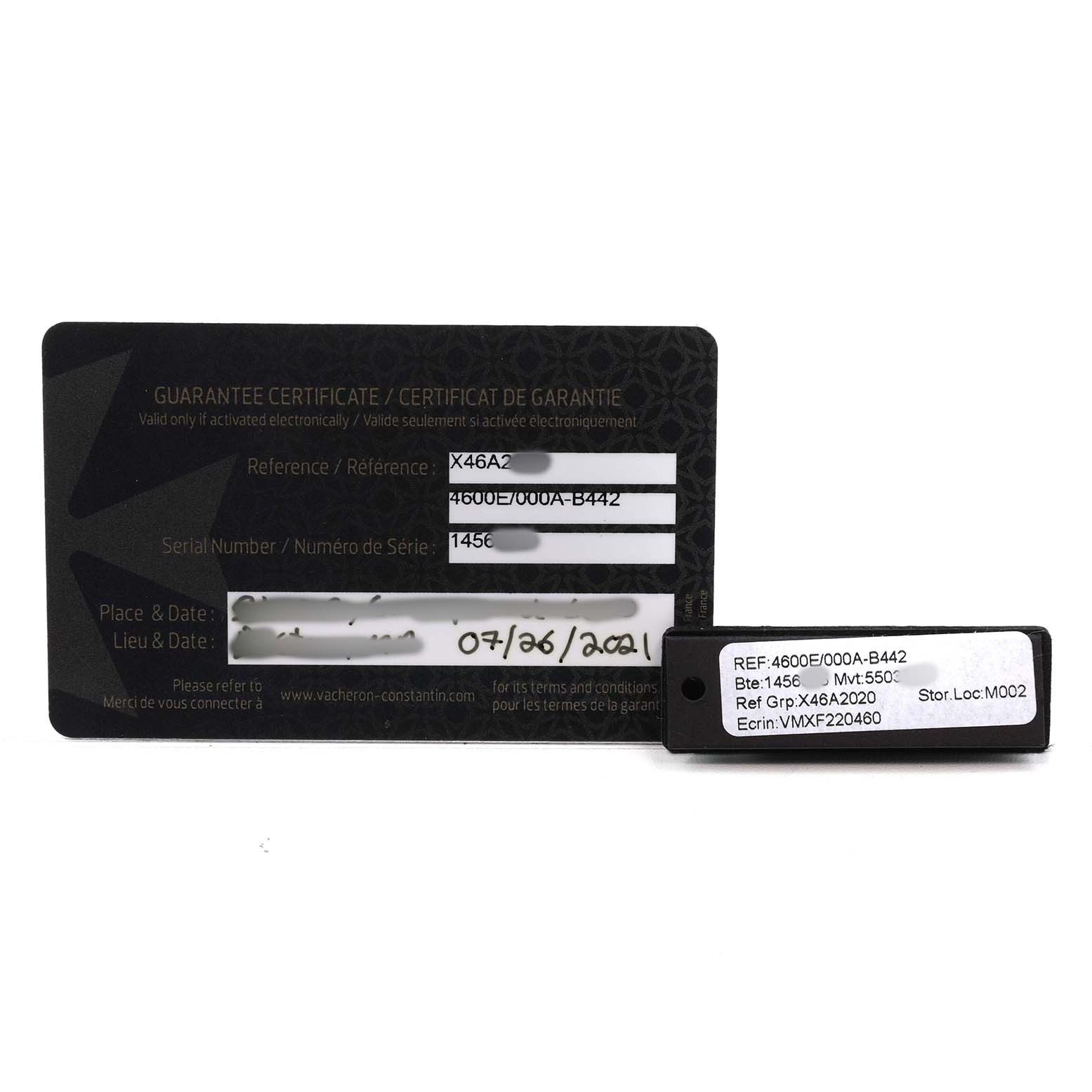 The image shows the guarantee certificate and a label for the Vacheron Constantin Fiftysix 4600E Men's Stainless Steel Silver Dial watch.