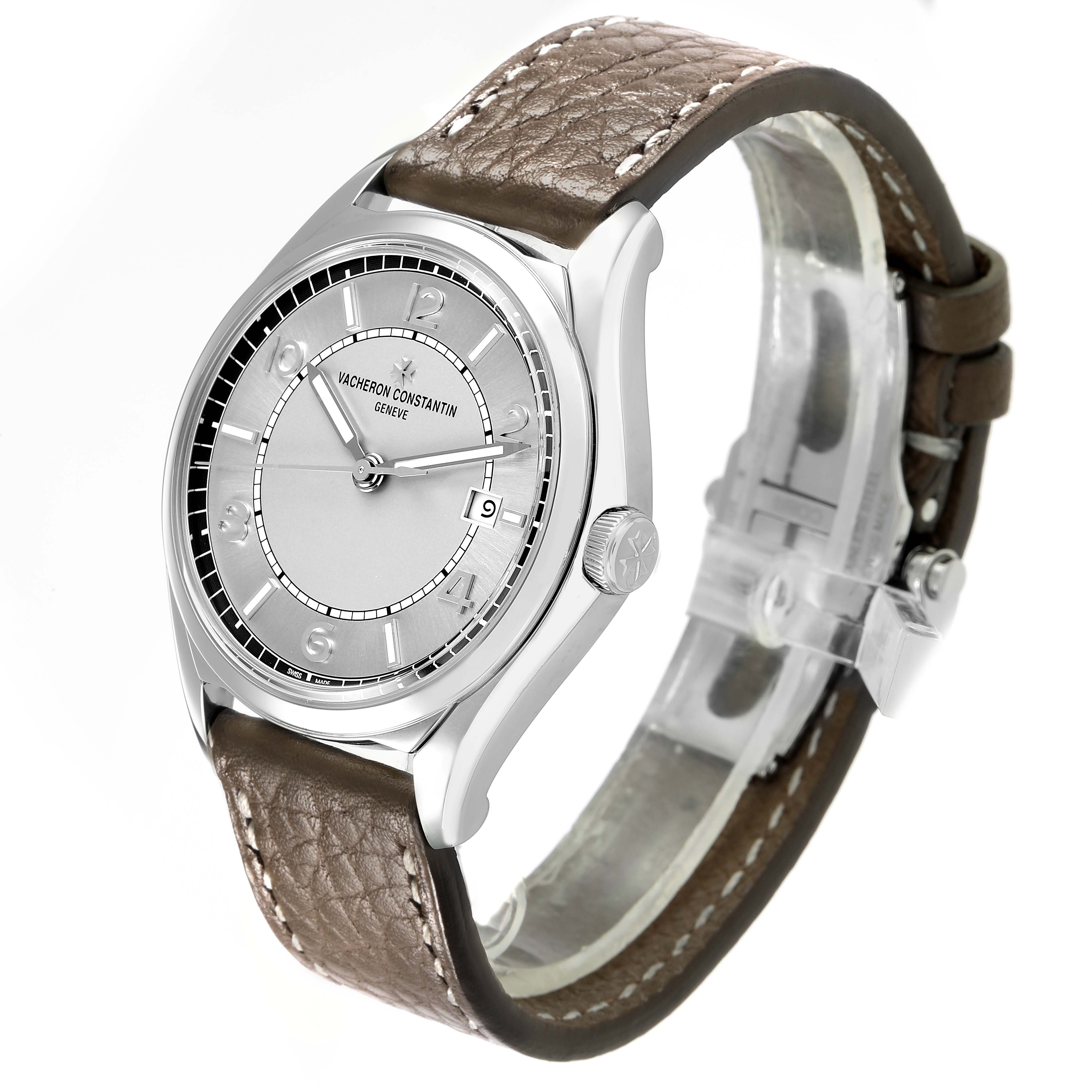 The Vacheron Constantin Fiftysix 4600E Men's Stainless Steel Silver Dial watch is shown at a three-quarter angle, displaying the dial, case, crown, and leather strap.