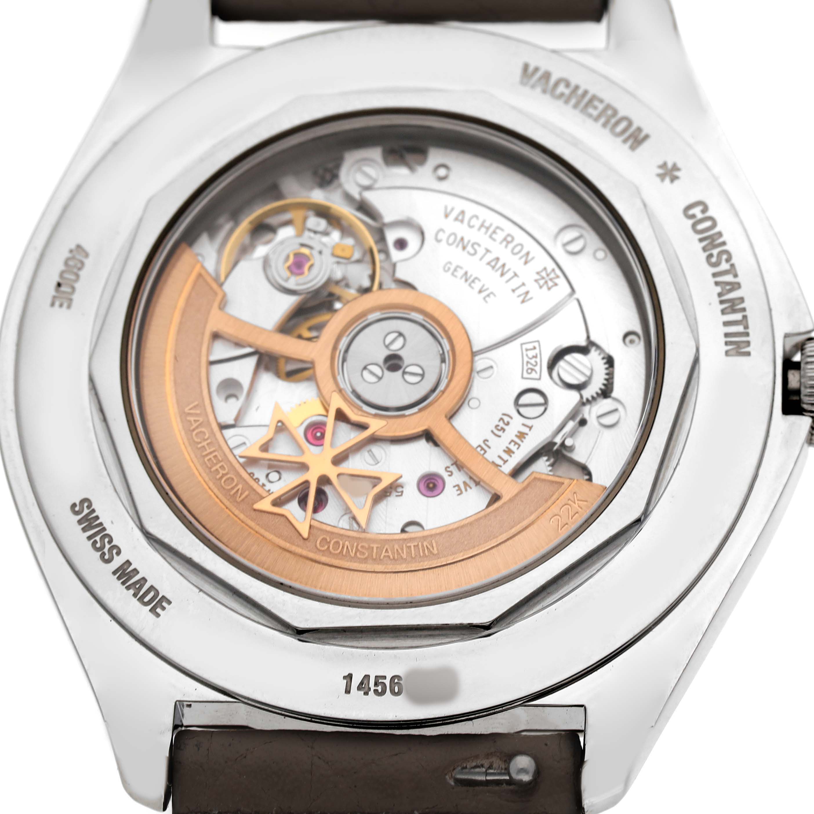 The image shows the back view of the Vacheron Constantin Fiftysix 4600E Men's Stainless Steel Silver Dial, revealing the movement and rotor.