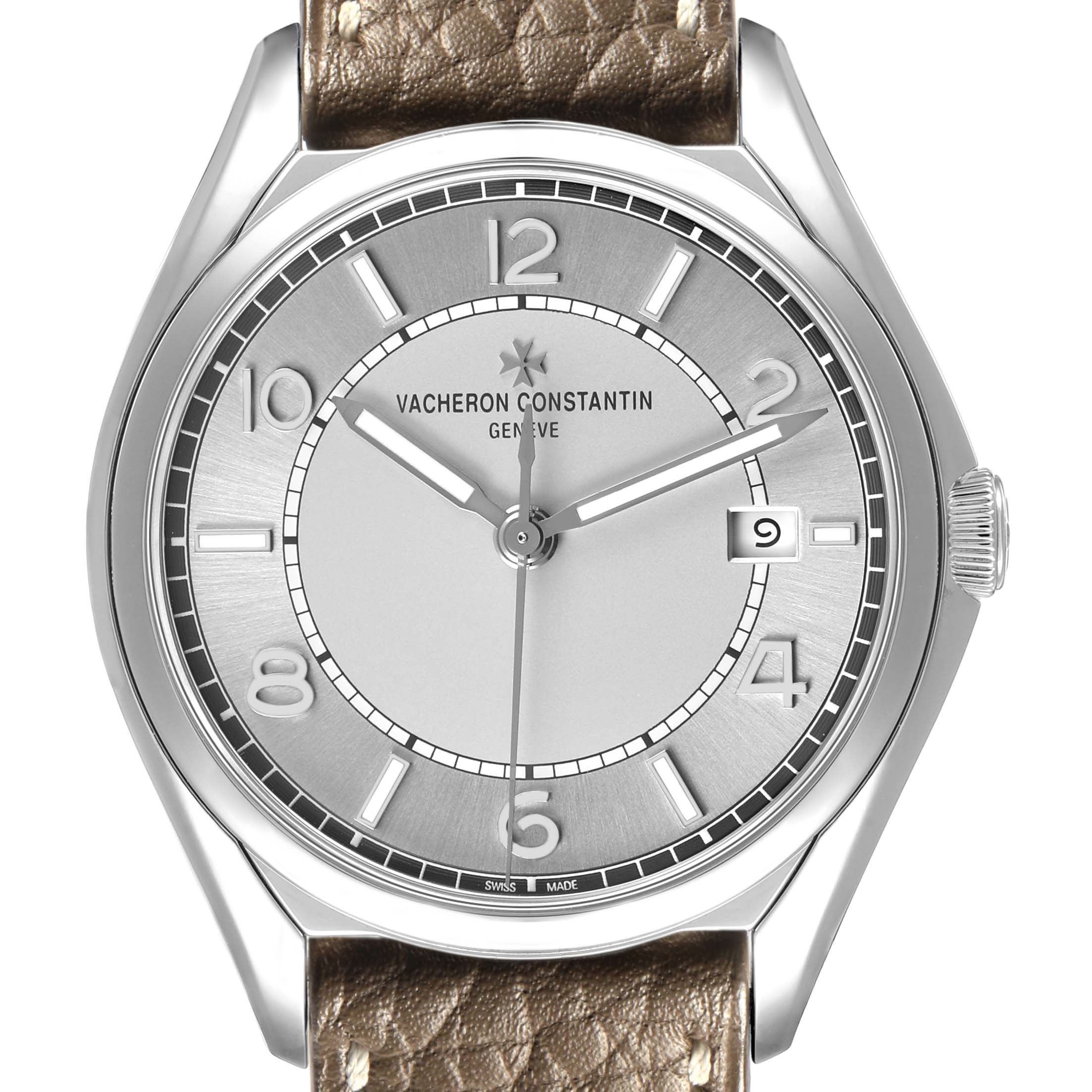 The image shows a front view of the Vacheron Constantin Fiftysix 4600E Men's Stainless Steel Silver Dial watch, highlighting its dial, hands, date window, and leather strap.