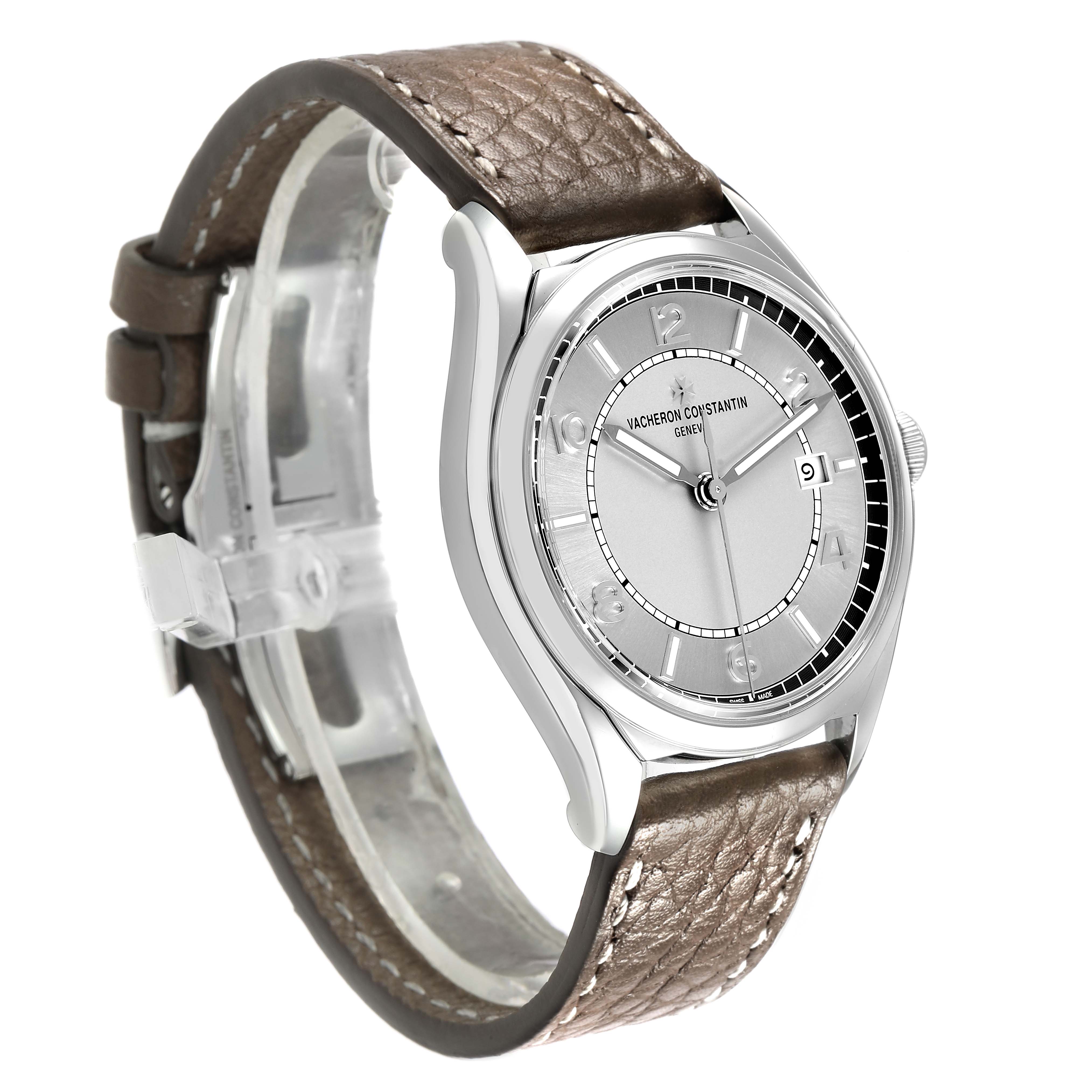The Vacheron Constantin Fiftysix 4600E Men's Stainless Steel Silver Dial watch is shown at a three-quarter angle, highlighting the dial, case, and leather strap.