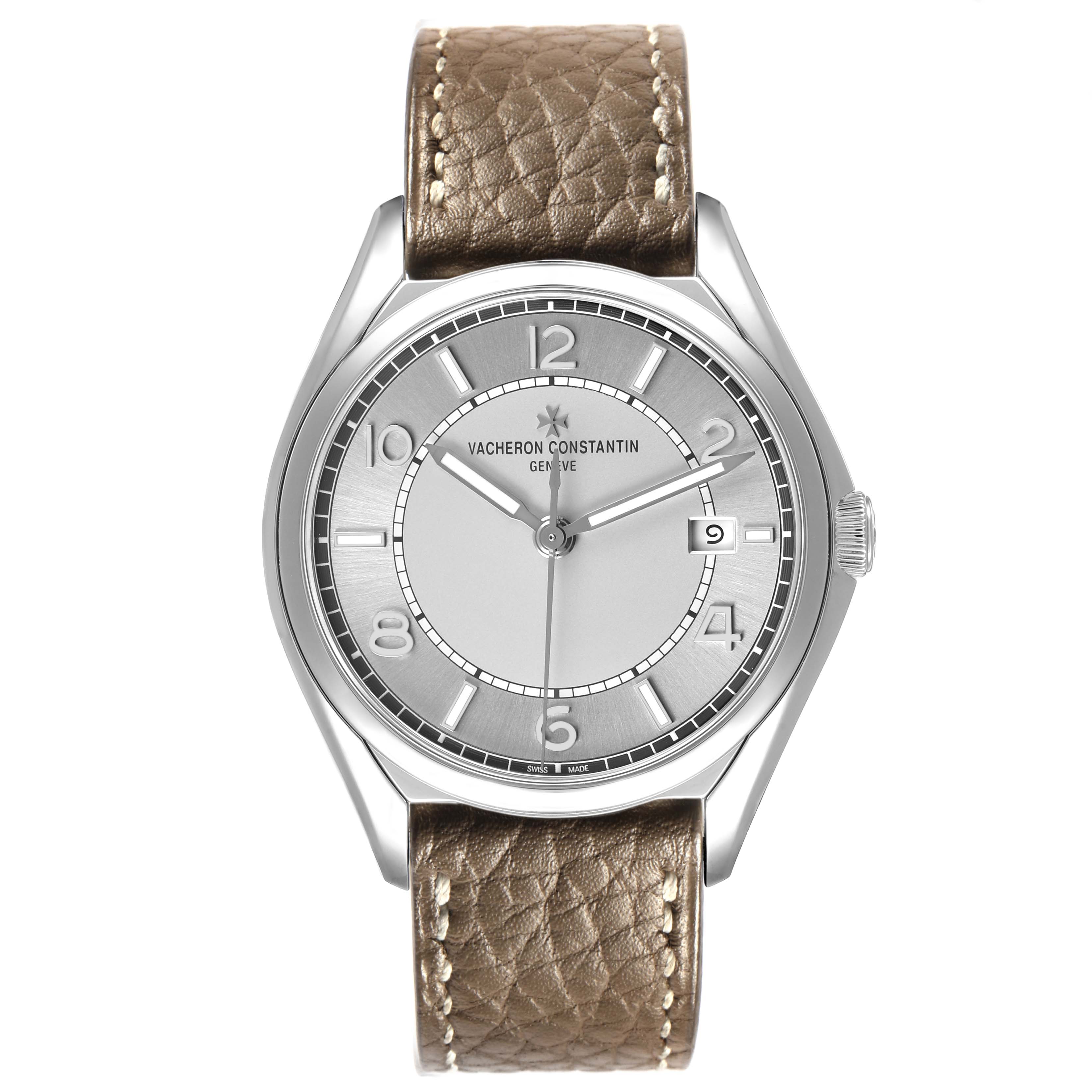 The Vacheron Constantin Fiftysix 4600E Men's Stainless Steel Silver Dial watch is shown from the front, highlighting the face, hands, date window, and strap.