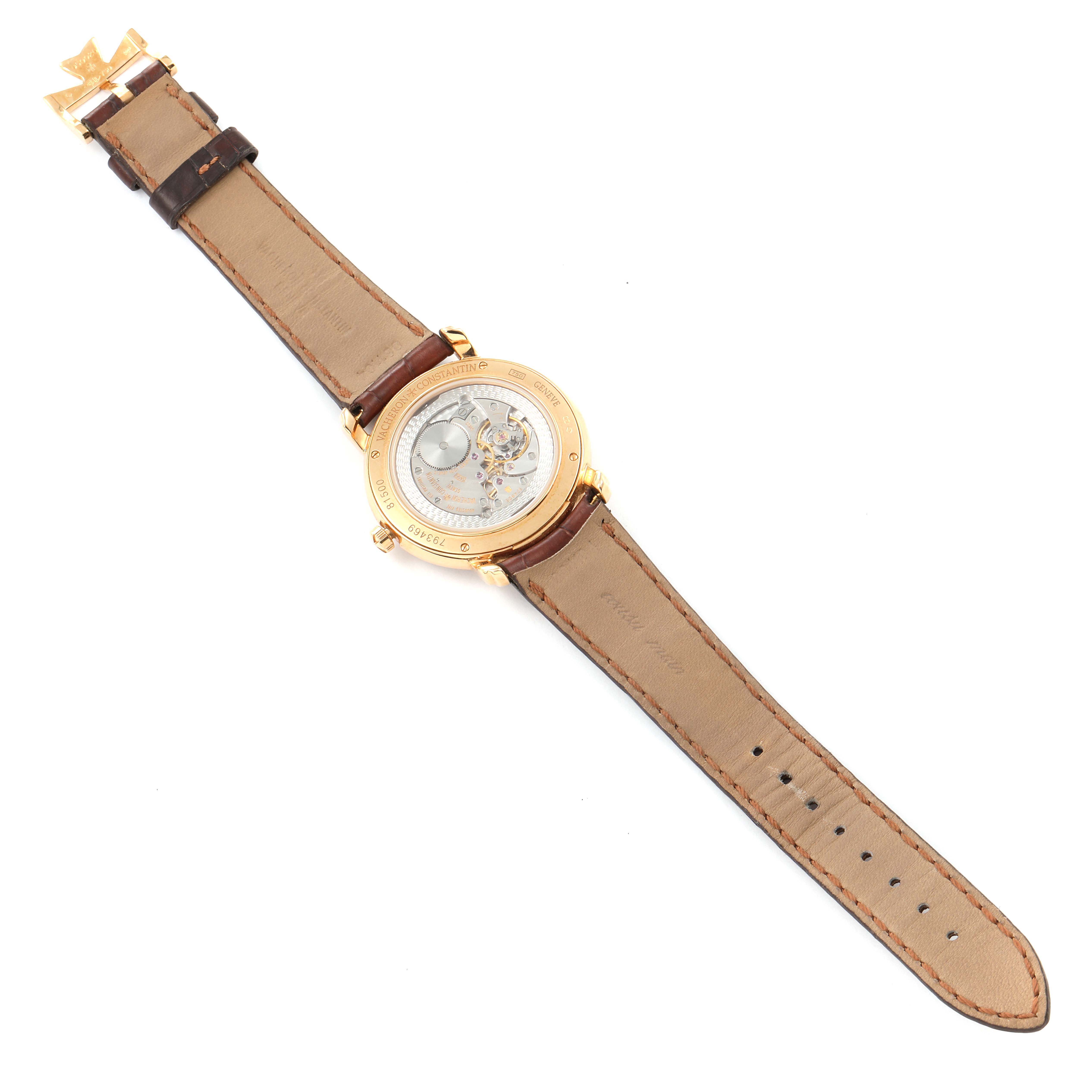 The image shows the back view of a Vacheron Constantin Malte 81500/000R Men's Rose Gold Silver Dial 81500/000R Men's Rose Gold Silver Dial model watch, highlighting the leather strap and transparent case back.