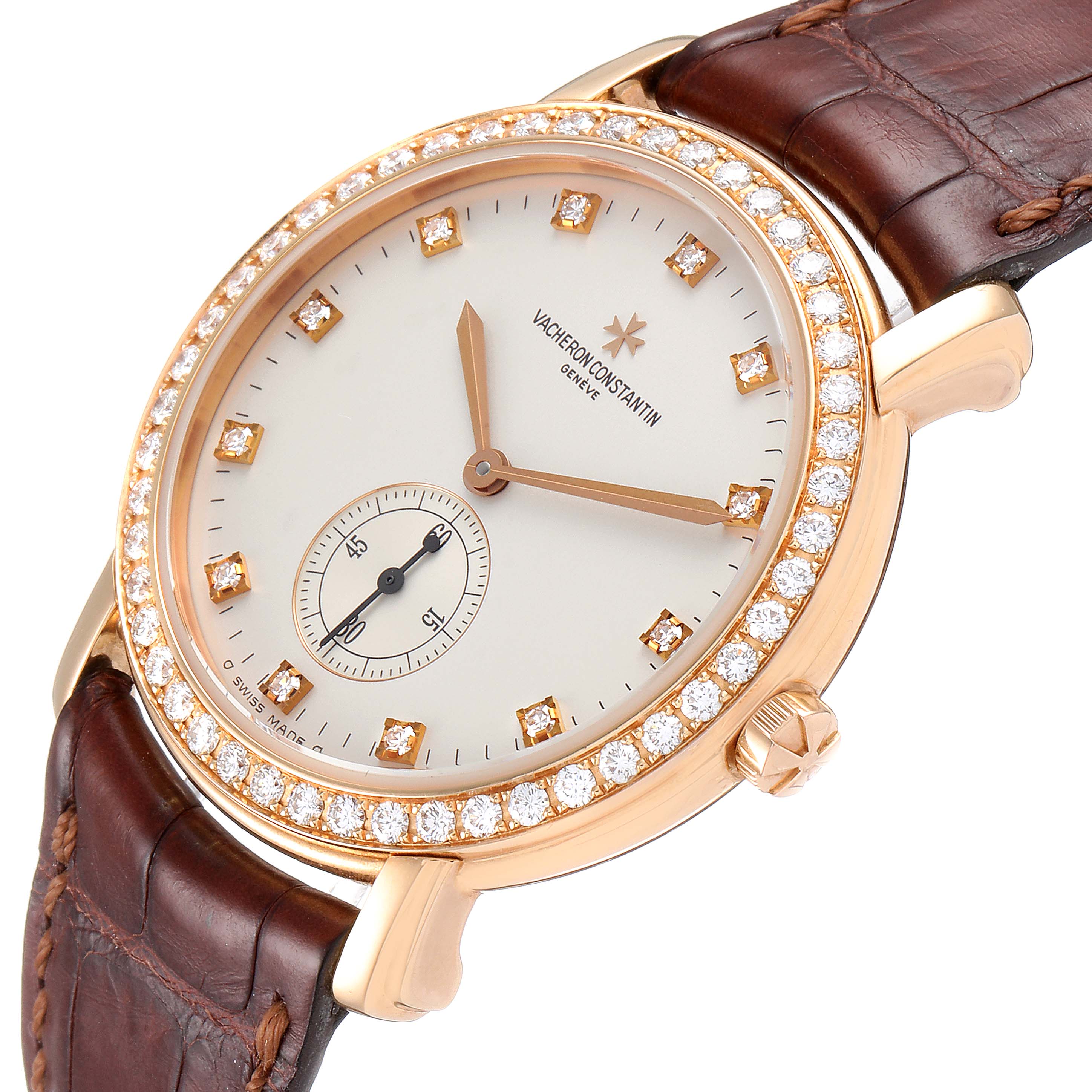 The Vacheron Constantin Malte 81500/000R Men's Rose Gold Silver Dial 81500/000R Men's Rose Gold Silver Dial watch is shown at an angled top view, featuring its dial, diamond-set bezel, and leather strap.