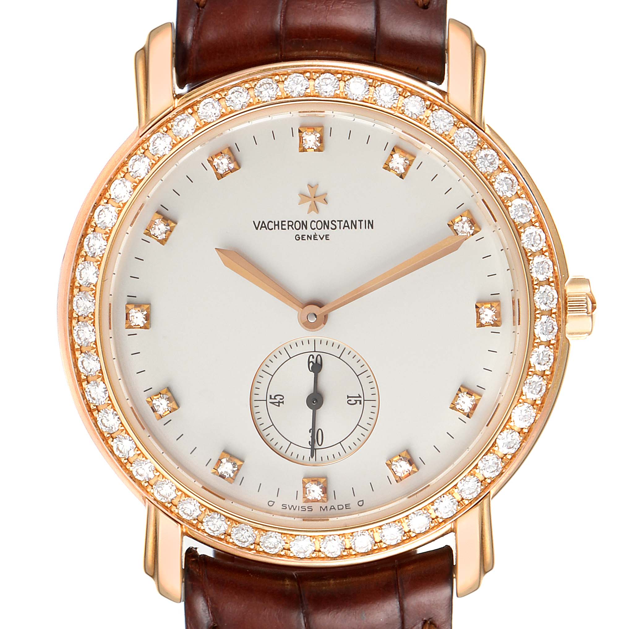 The image shows a front view of the Vacheron Constantin Malte 81500/000R Men's Rose Gold Silver Dial 81500/000R Men's Rose Gold Silver Dial watch, highlighting the face, bezel, dial, and leather strap.